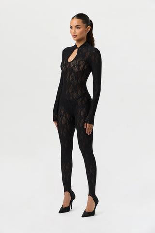 Stretch Lace Keyhole Stirrup Jumpsuit