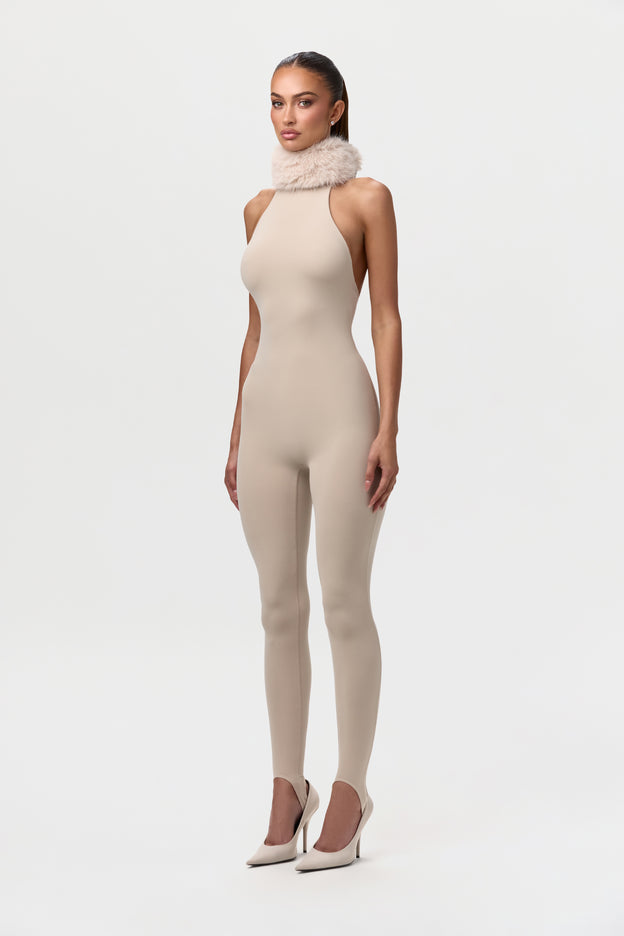 Naked Stirrup Jumpsuit with Fur Collar