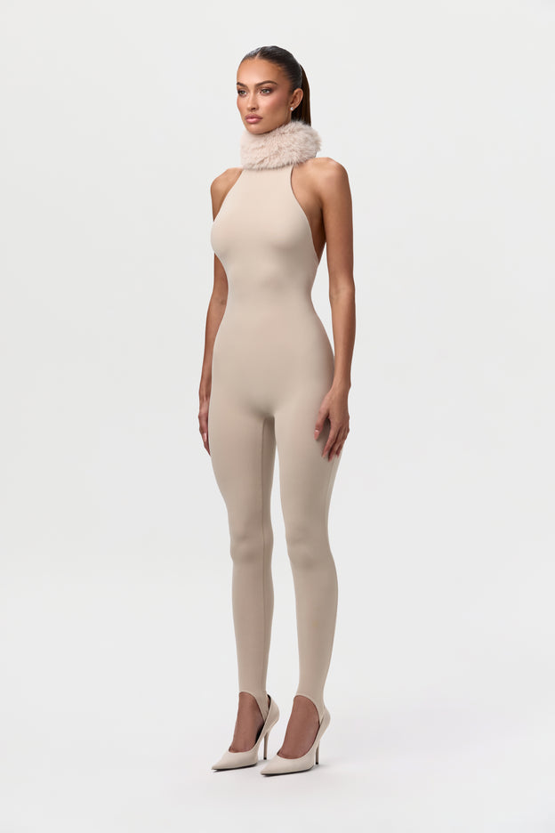 Naked Stirrup Jumpsuit with Fur Collar