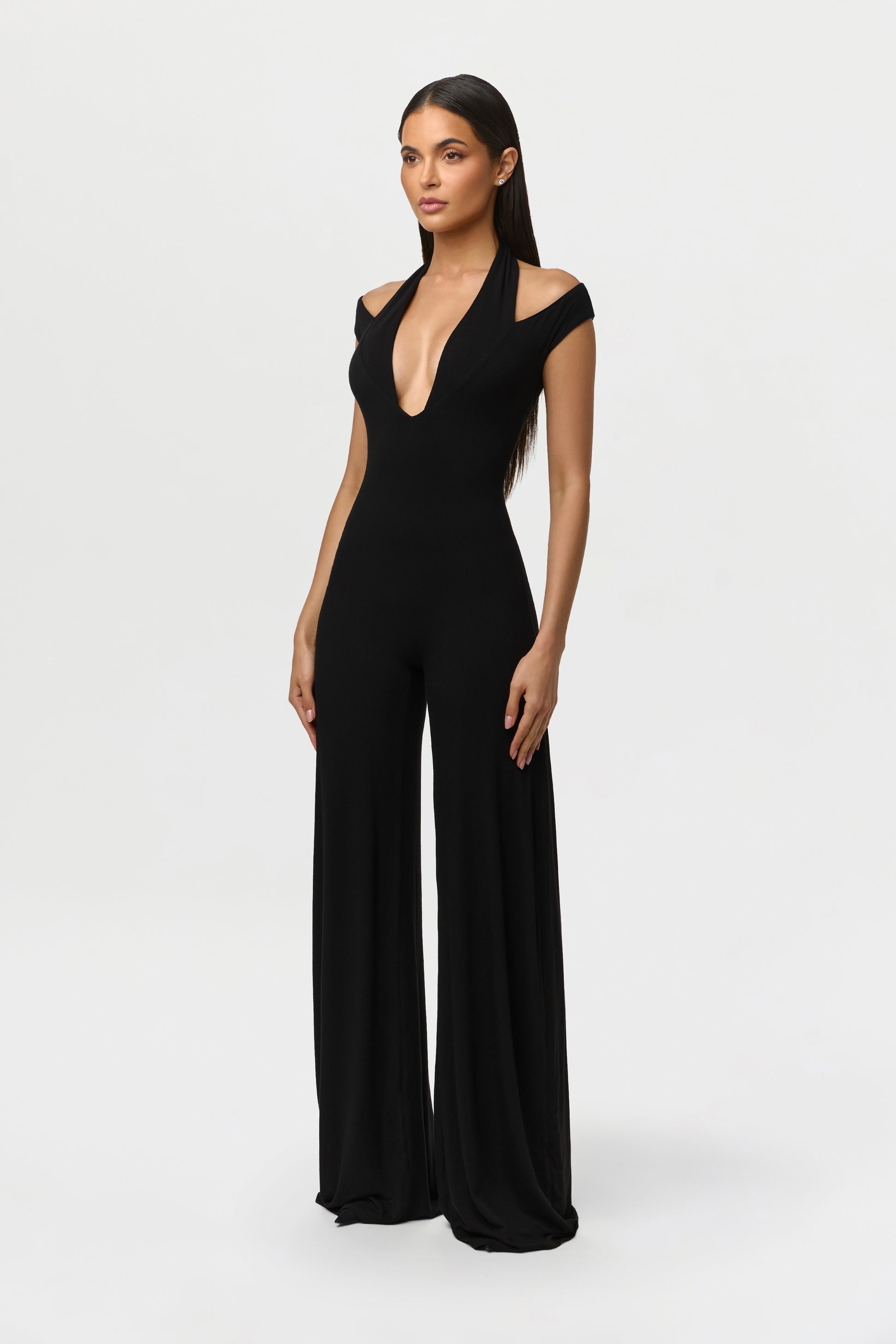 Women's Smooth Off-Shoulder Halter Jumpsuit by Naked Wardrobe, Black / L Women's Smooth Off-Shoulder Halter Jumpsuit by Naked Wardrobe, Black / L