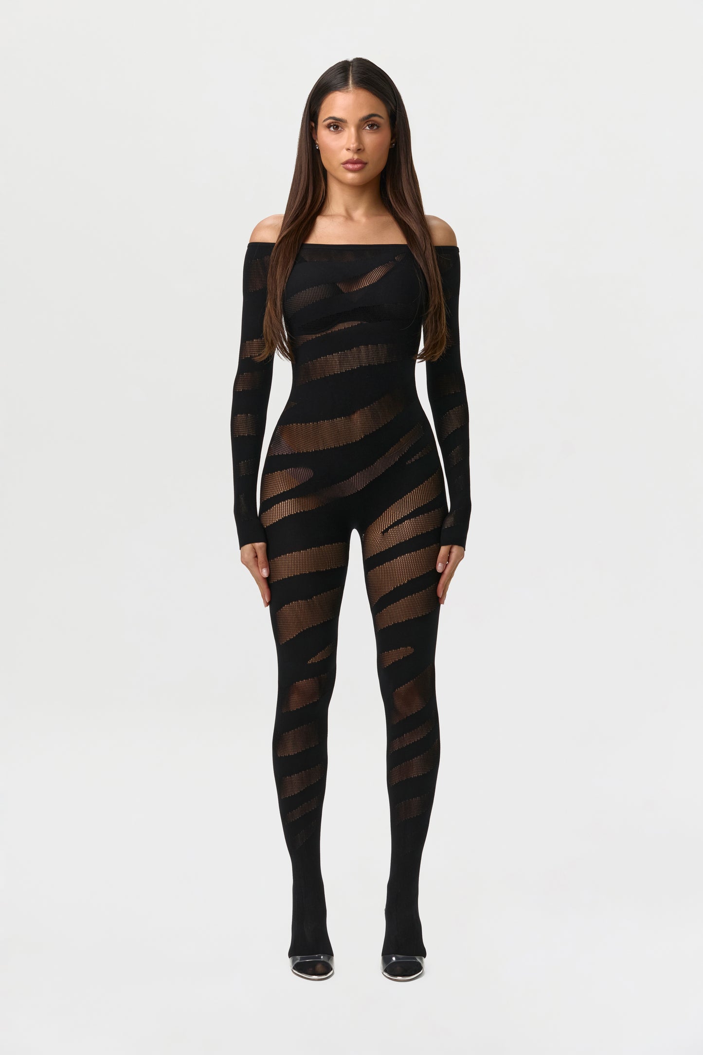 Mesh Fishnet Off-Shoulder Jumpsuit