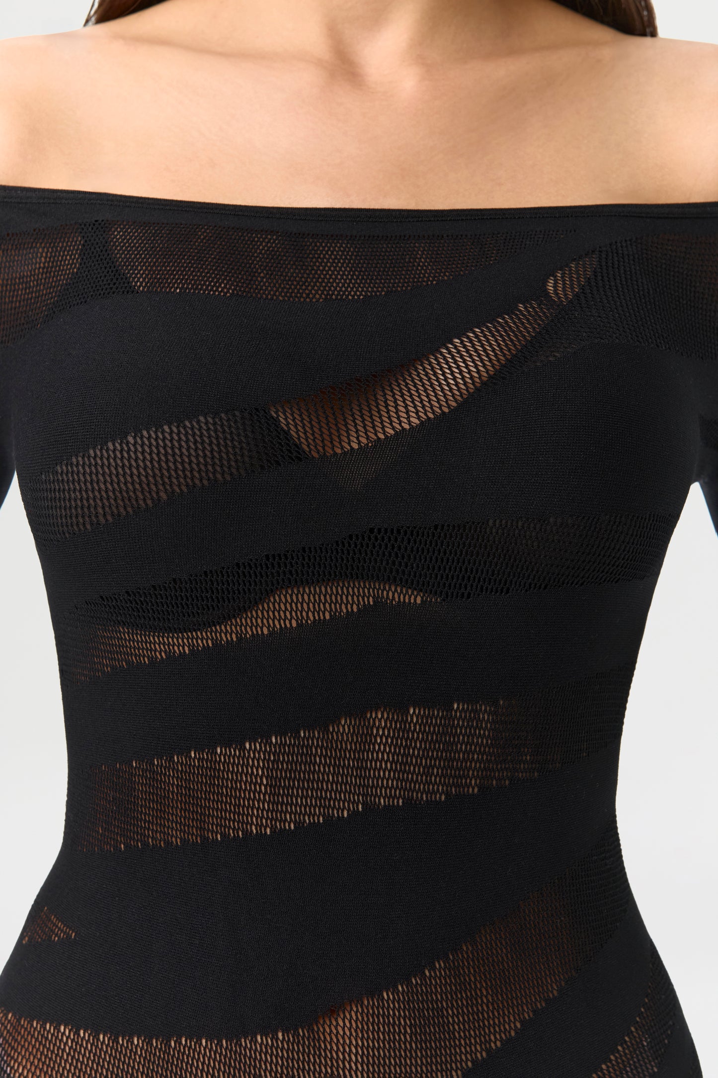 Mesh Fishnet Off-Shoulder Jumpsuit