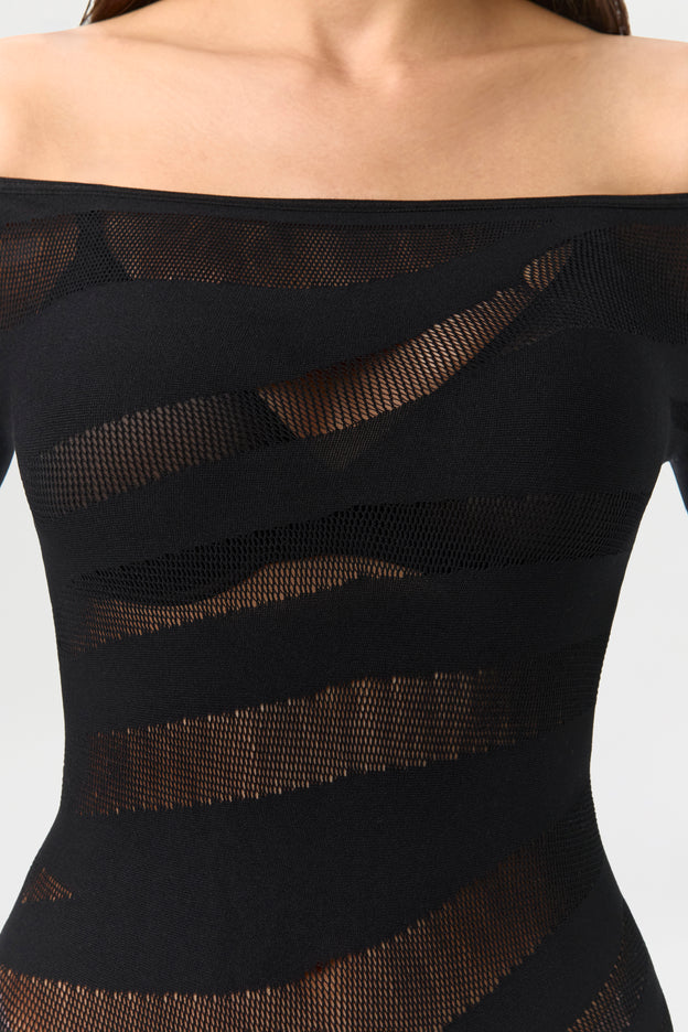 Mesh Fishnet Off-Shoulder Jumpsuit