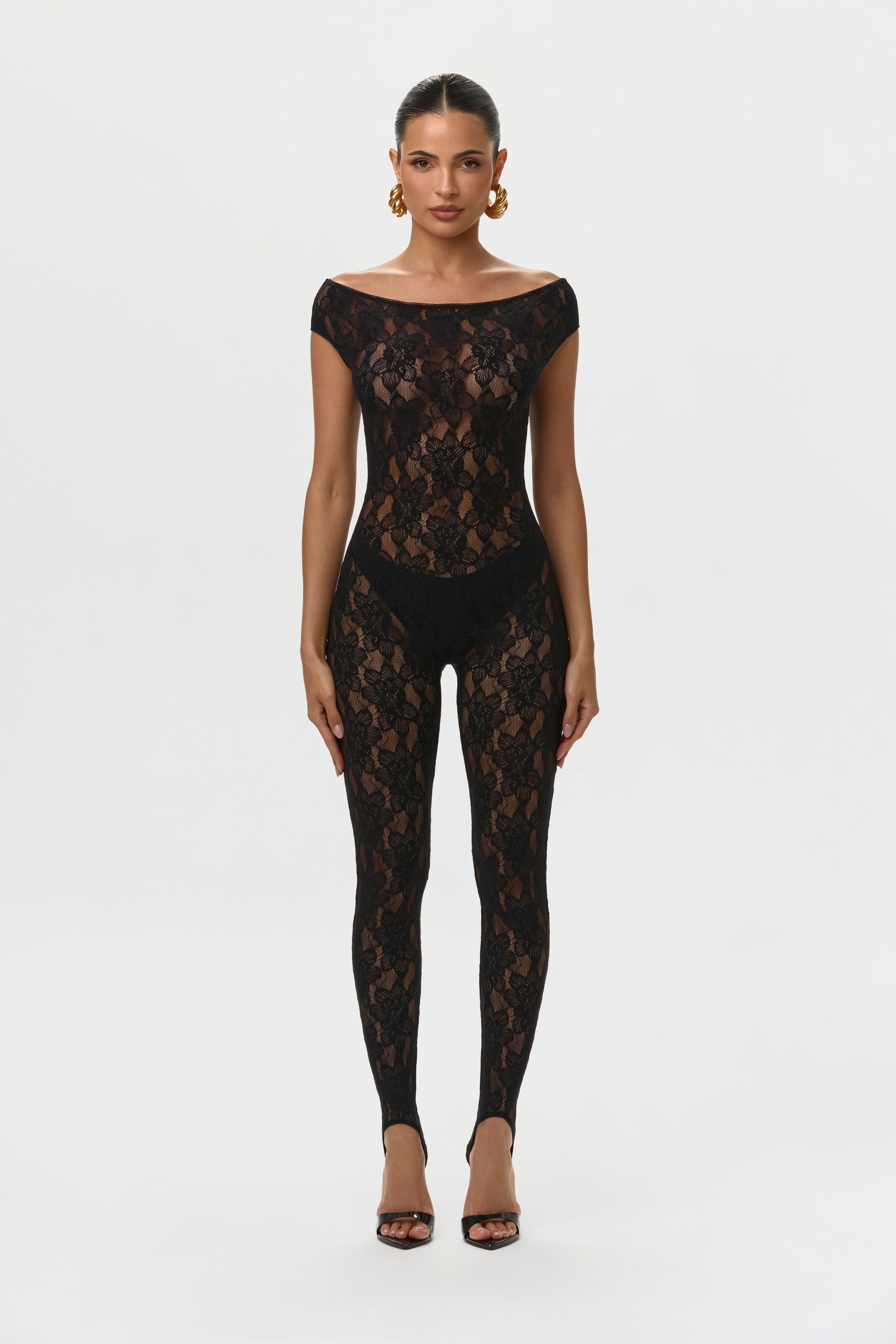 Black Stretch Lace Off-Shoulder Jumpsuit