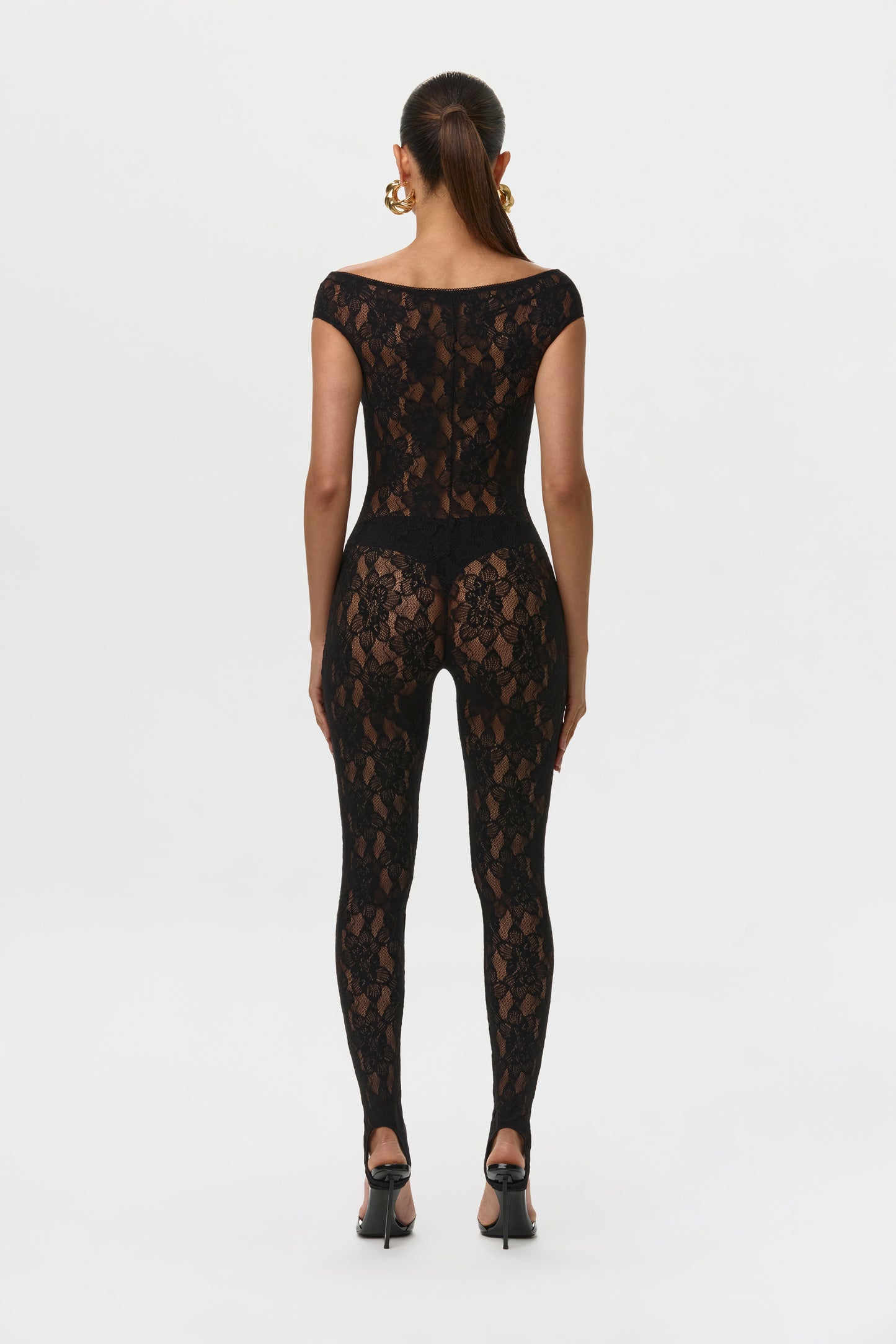 Black Stretch Lace Off-Shoulder Jumpsuit