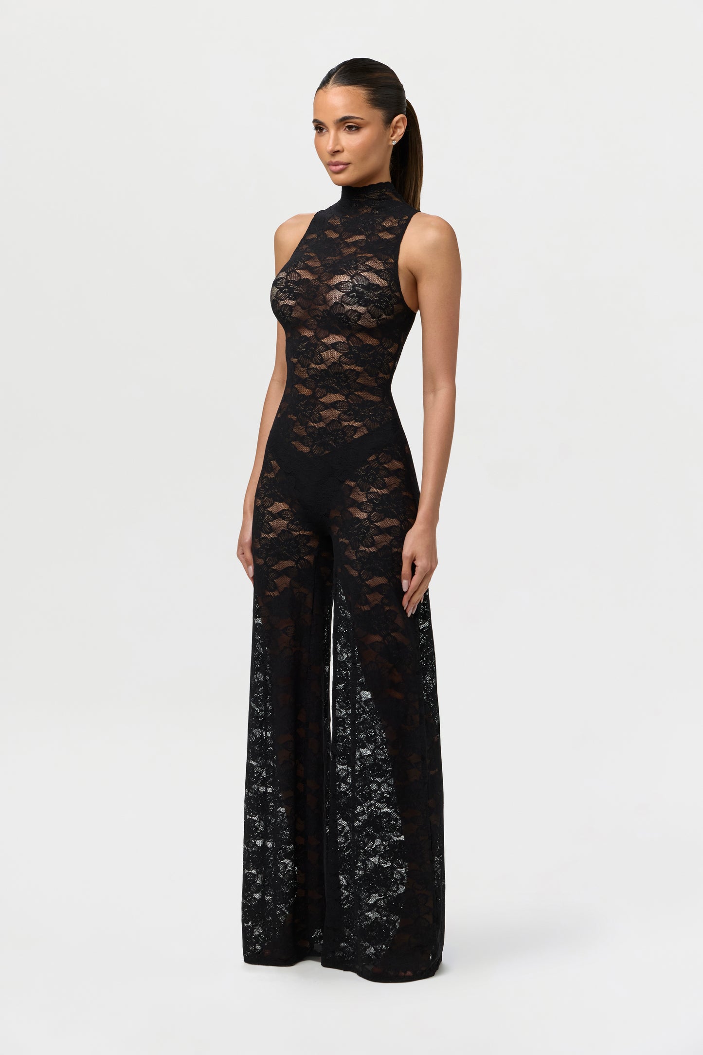 Black Stretch Lace Wide-Leg Jumpsuit