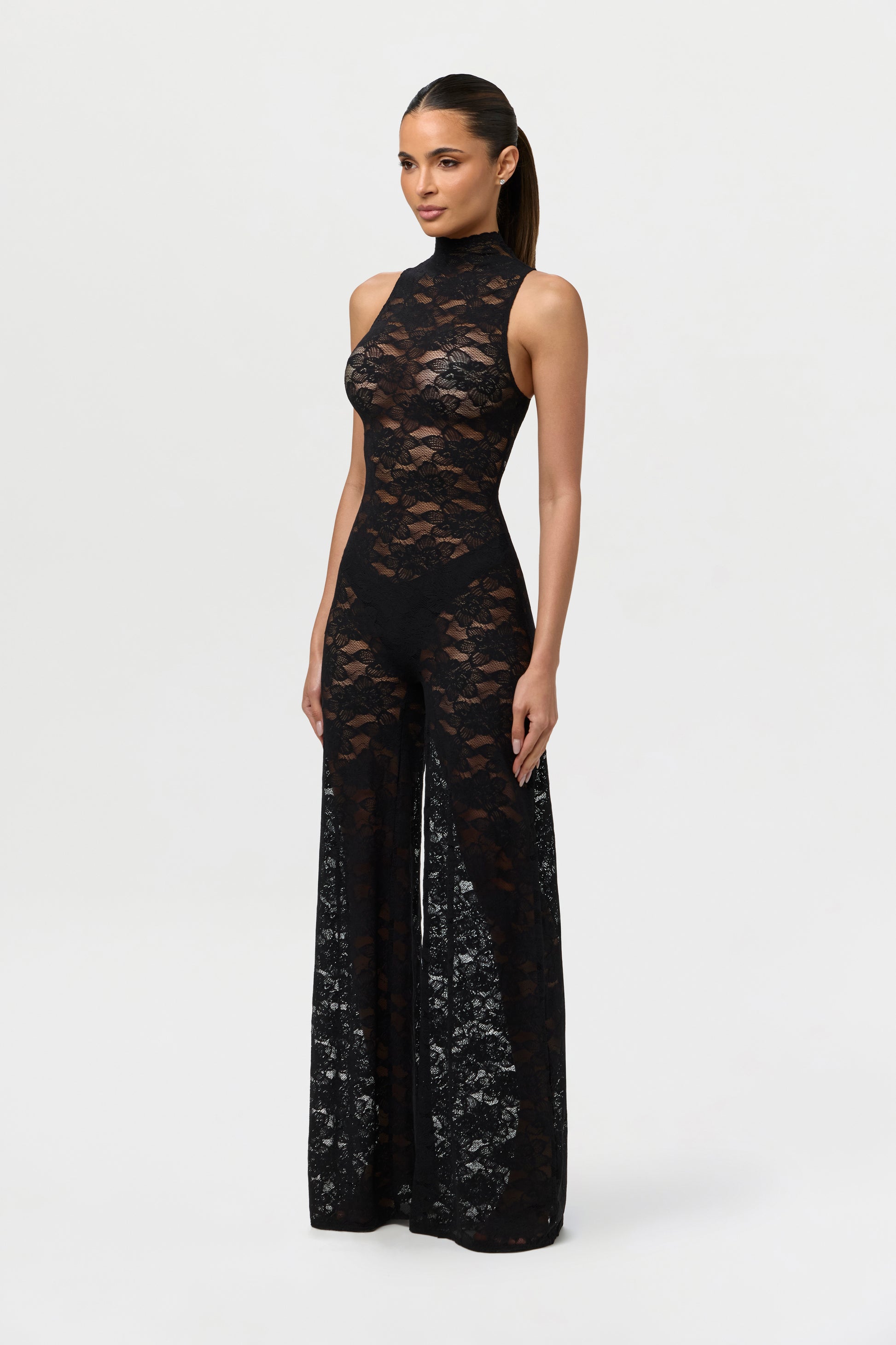 Black Stretch Lace Wide-Leg Jumpsuit Petite