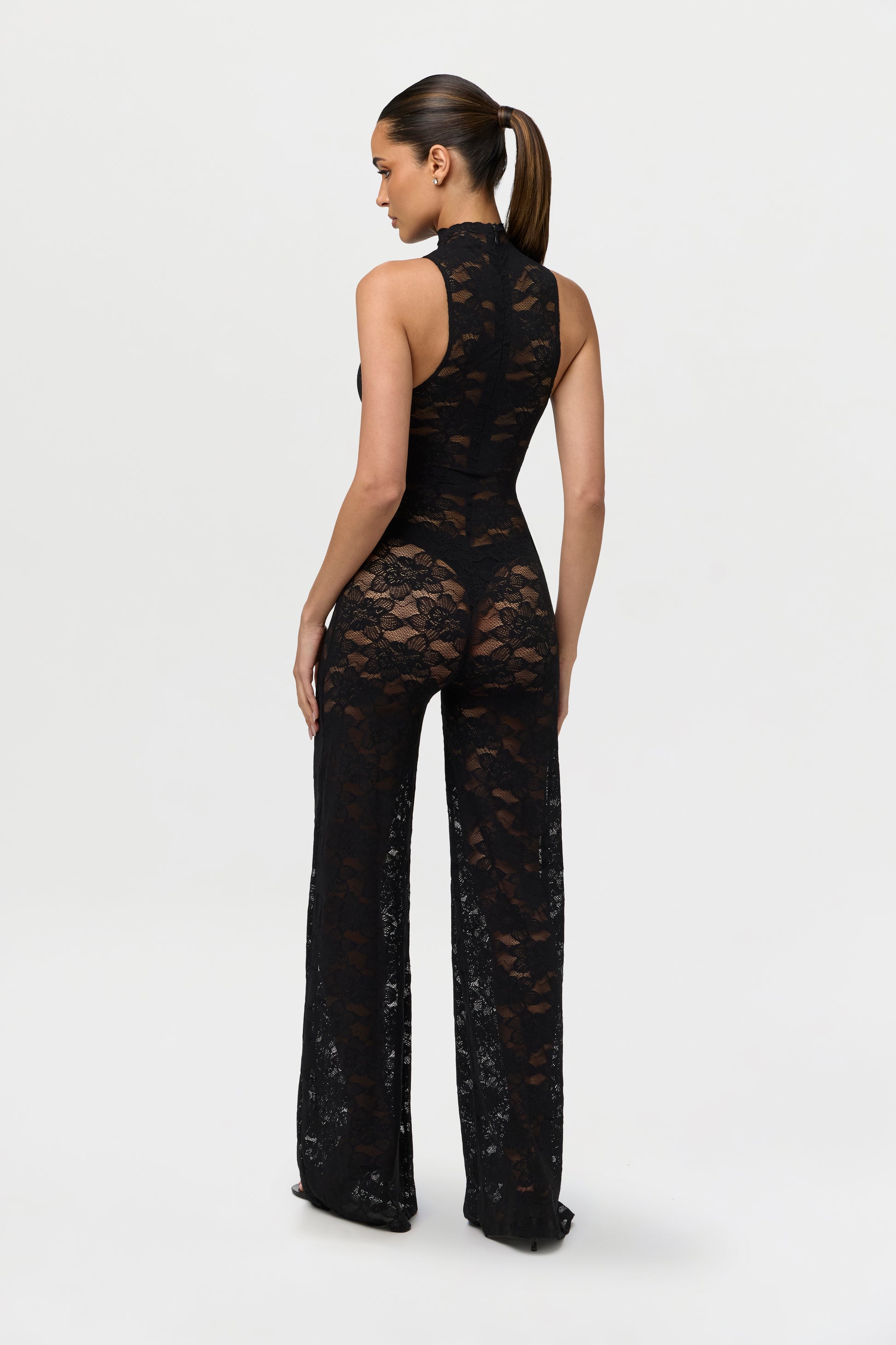 Black Stretch Lace Wide-Leg Jumpsuit Petite