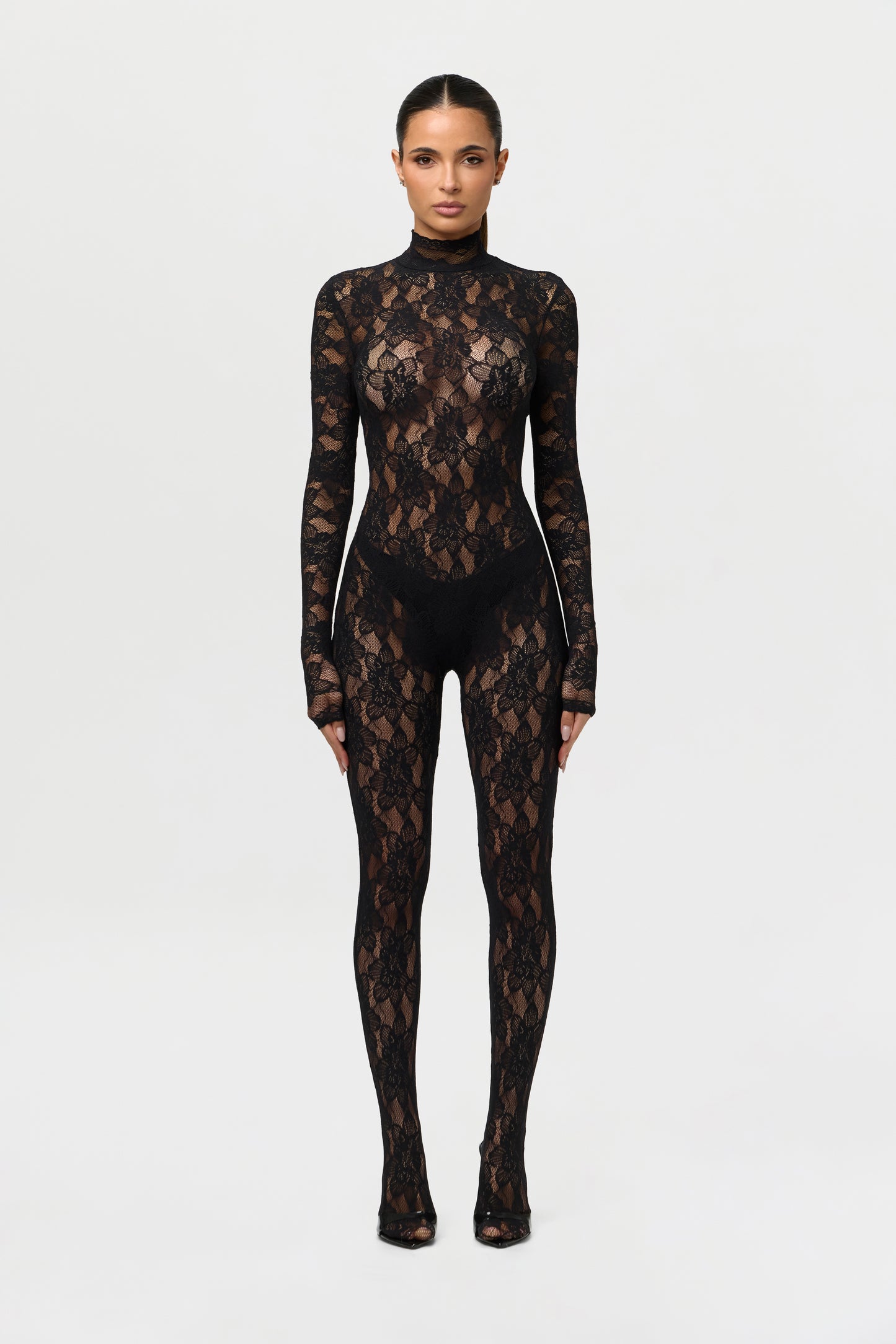 Black Stretch Lace Closed Toe Jumpsuit