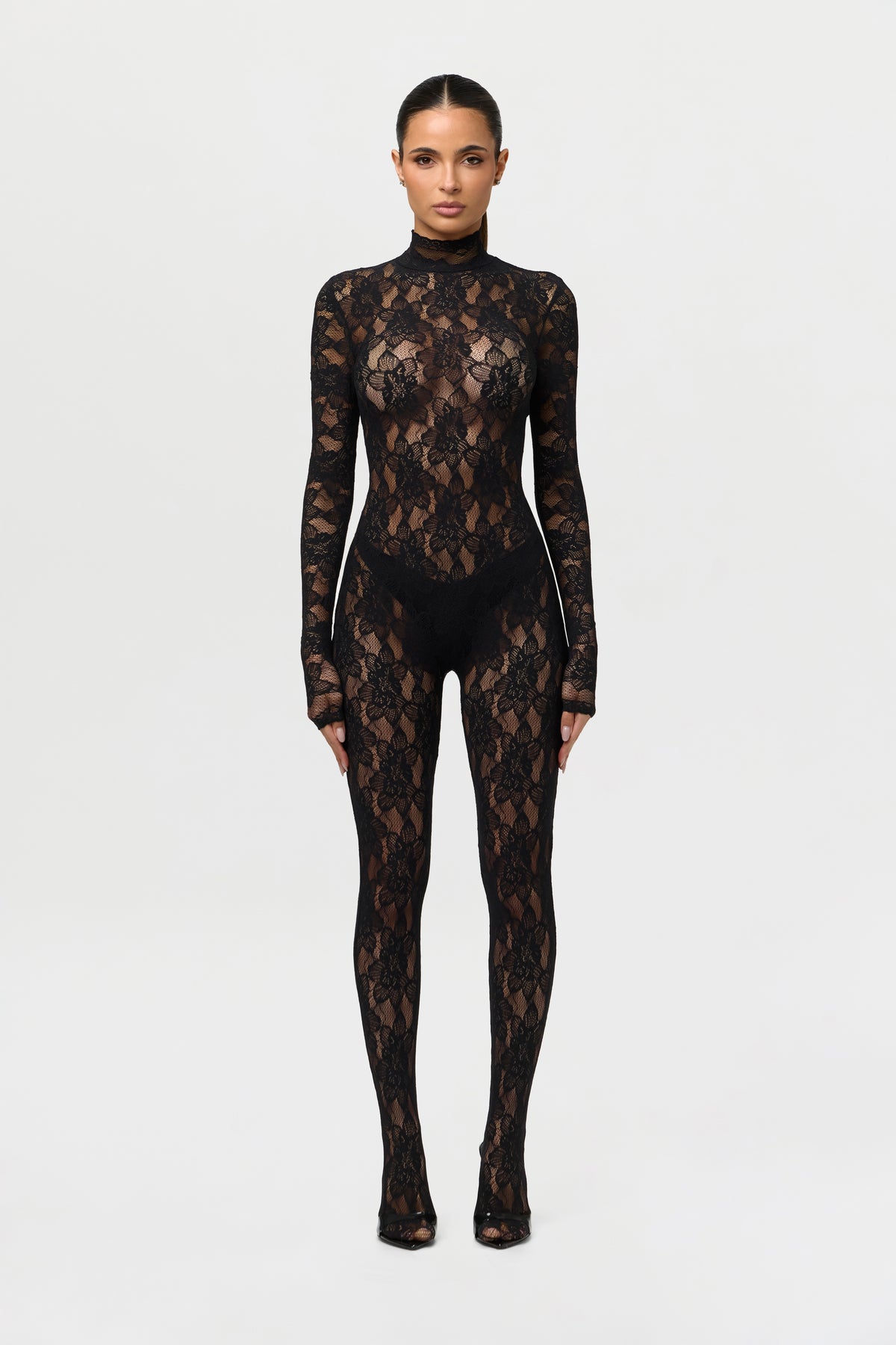Black Stretch Lace Closed Toe Jumpsuit