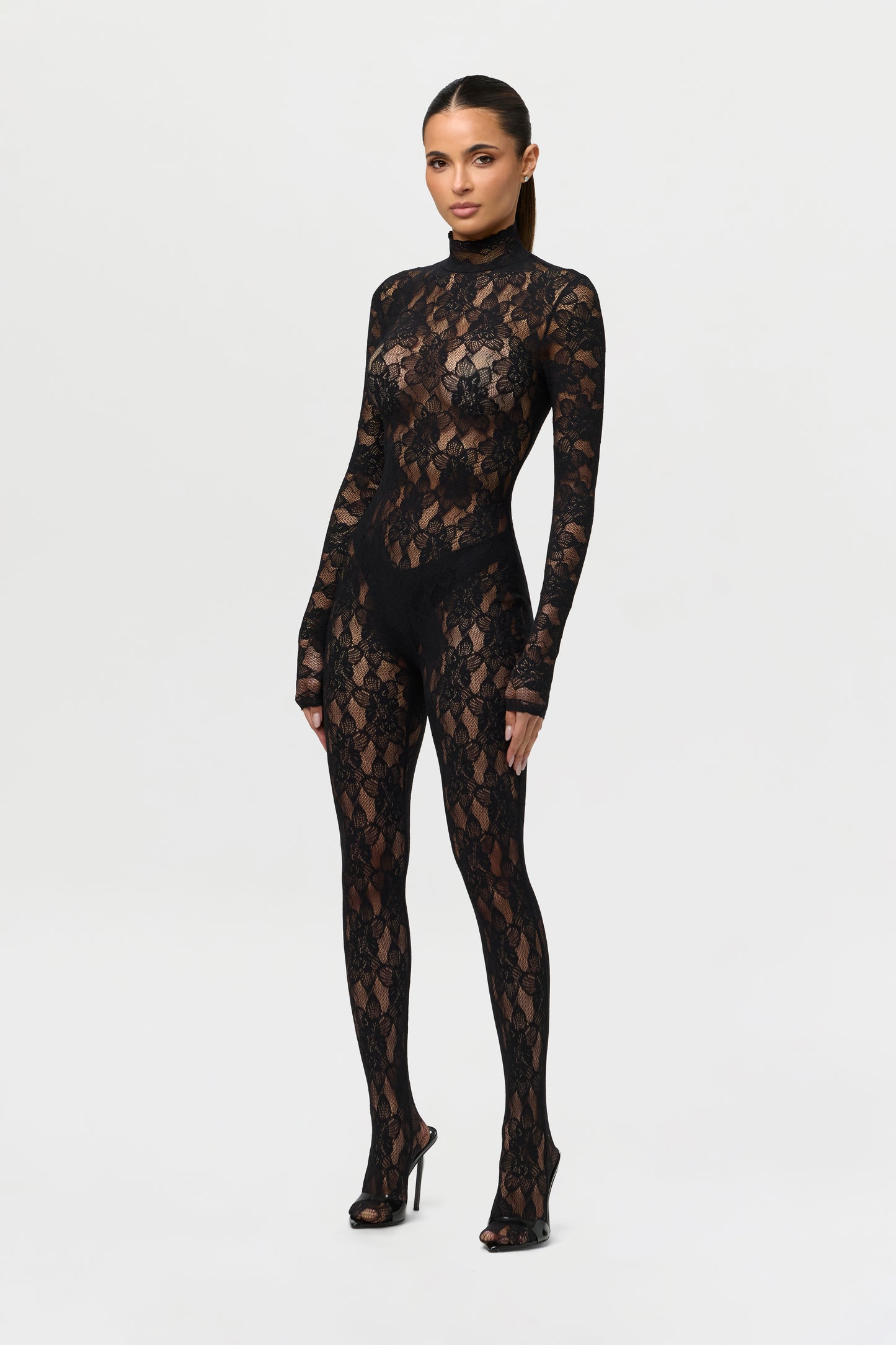 Black Stretch Lace Closed Toe Jumpsuit