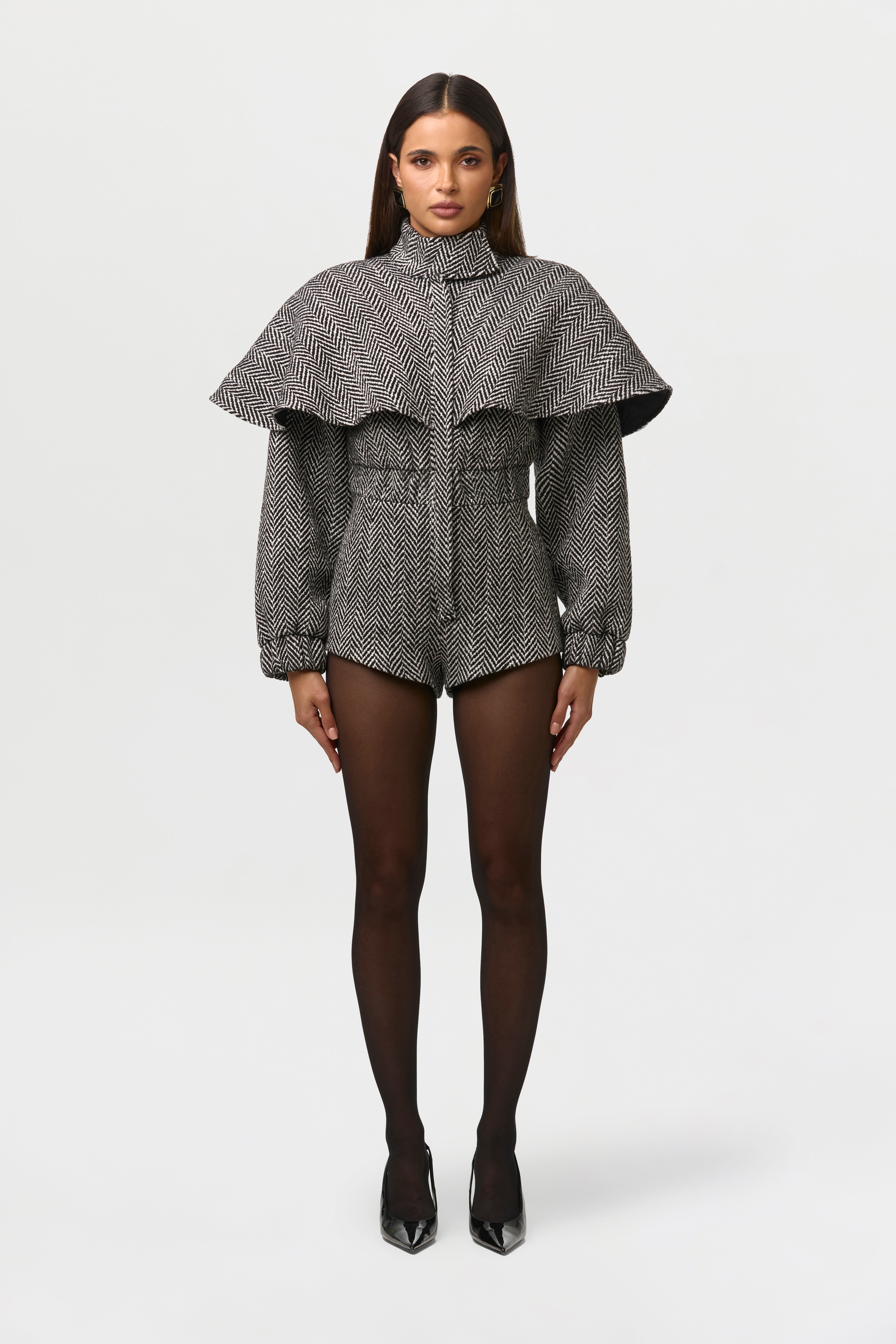 Suiting Herringbone Cape Romper