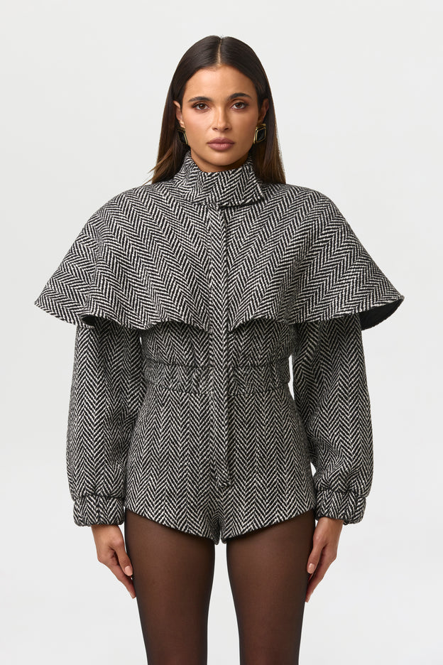 Suiting Herringbone Cape Romper