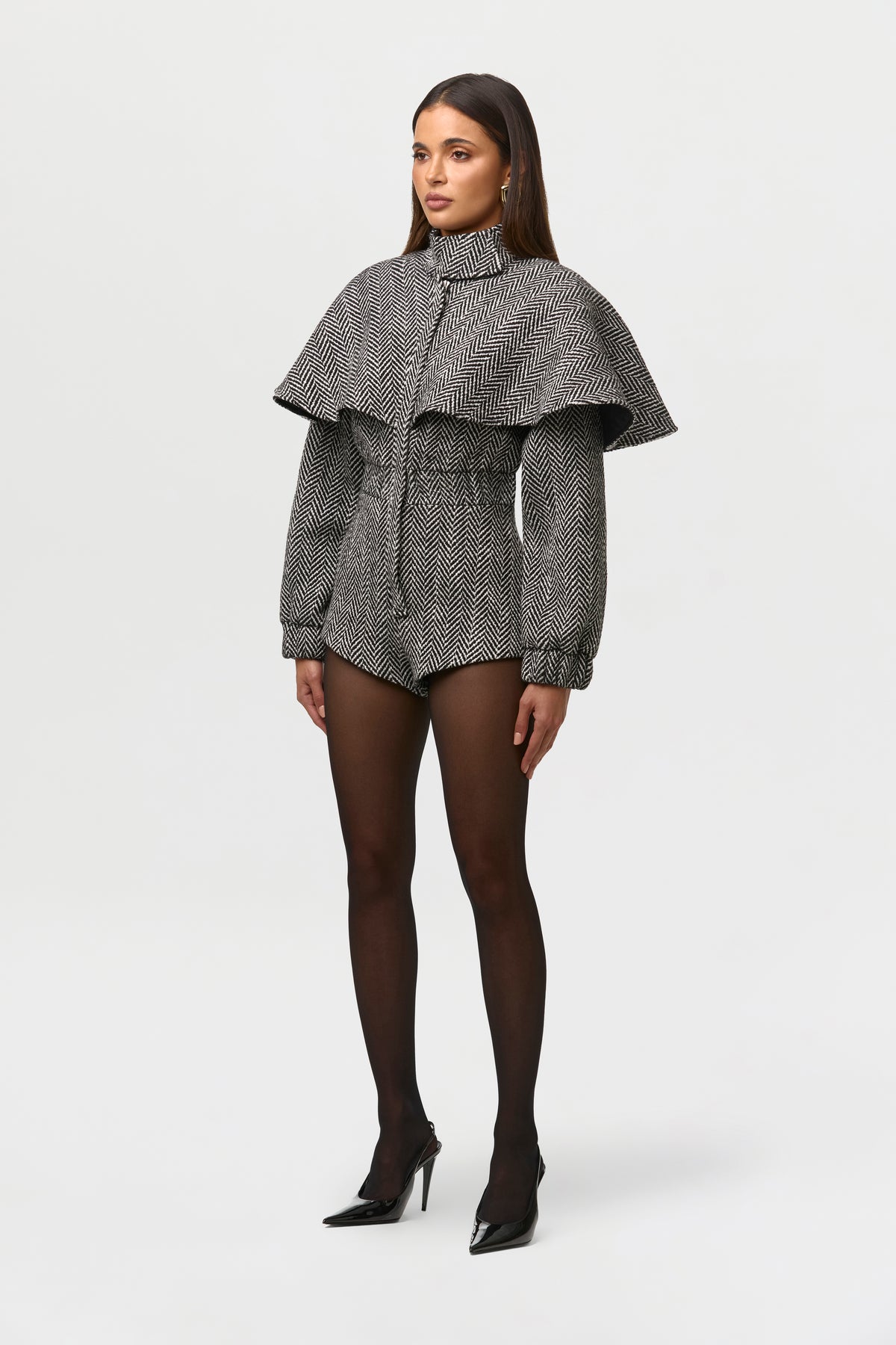 Suiting Herringbone Cape Romper