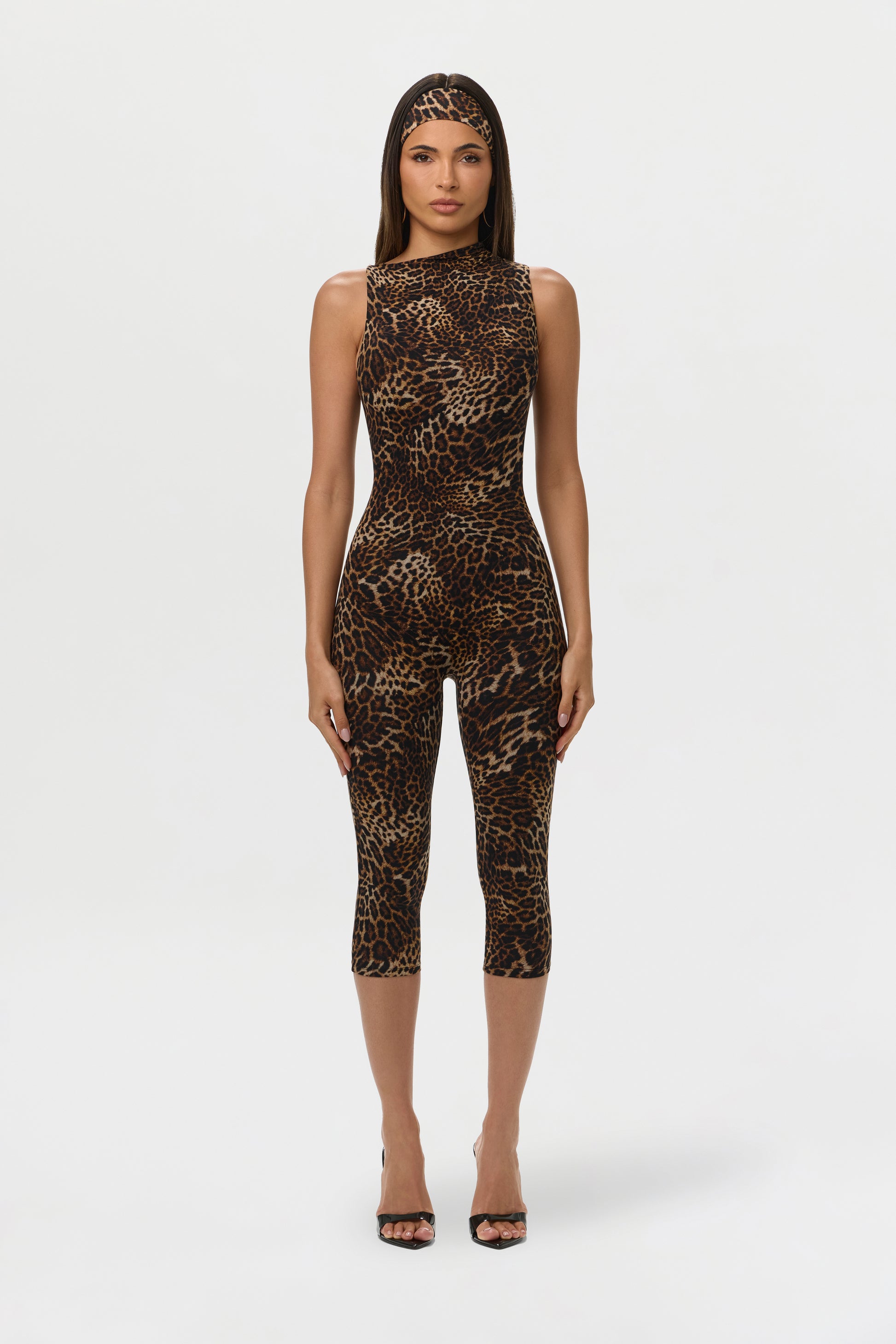 Spotted Leopard Naked Print Sleeveless Capri Jumpsuit