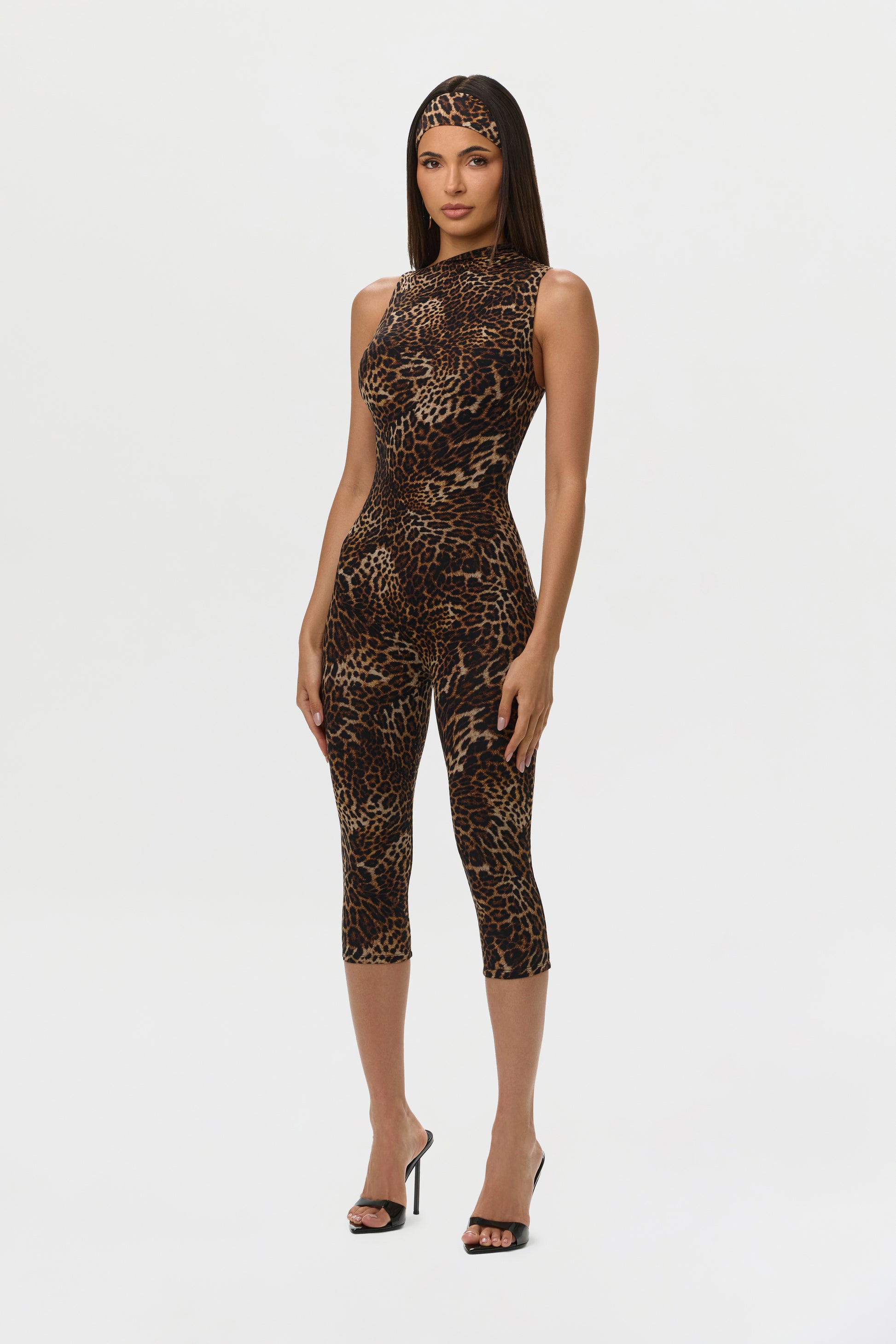 Spotted Leopard Naked Print Sleeveless Capri Jumpsuit