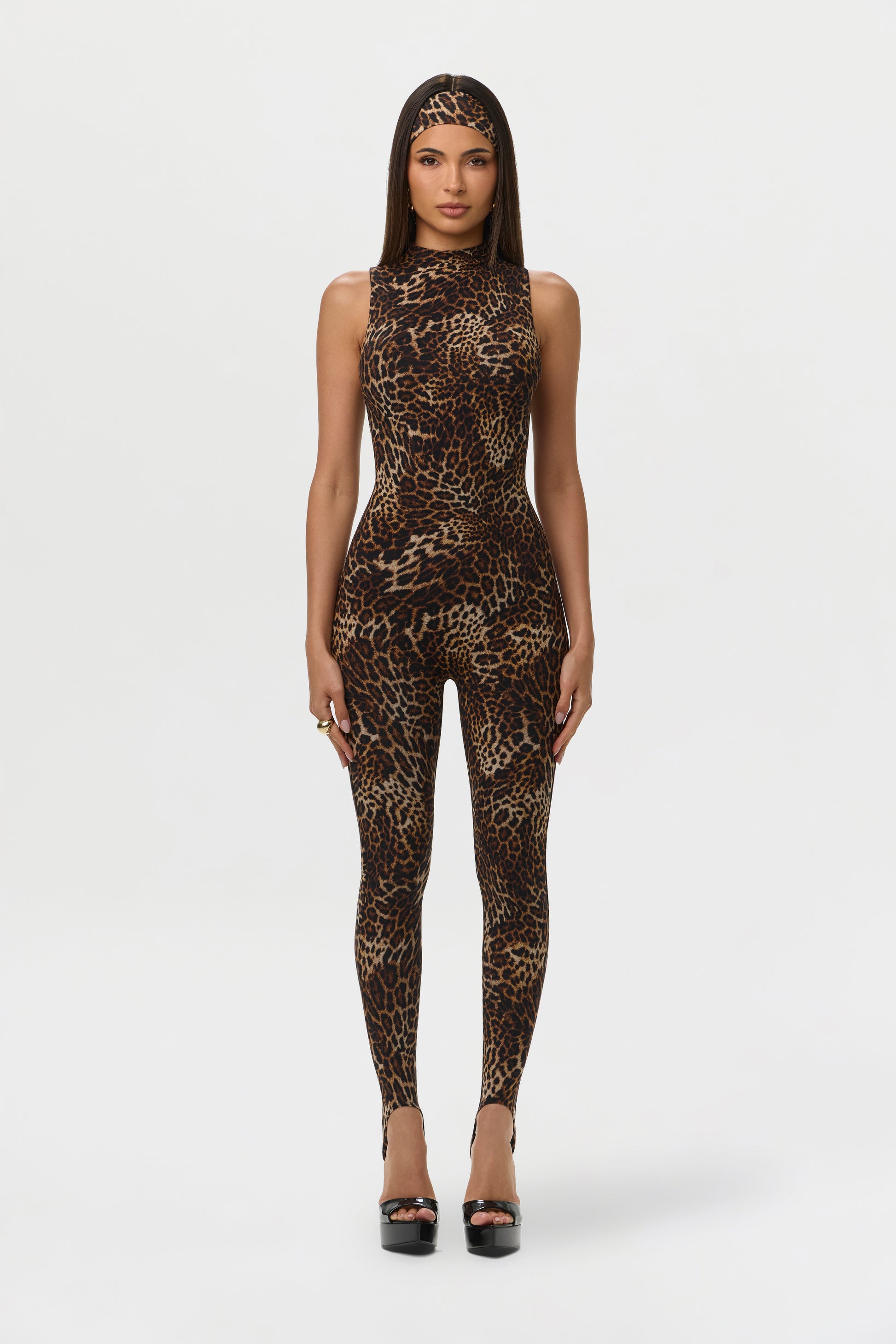 Spotted Leopard Naked Print Sleeveless Stirrup Jumpsuit