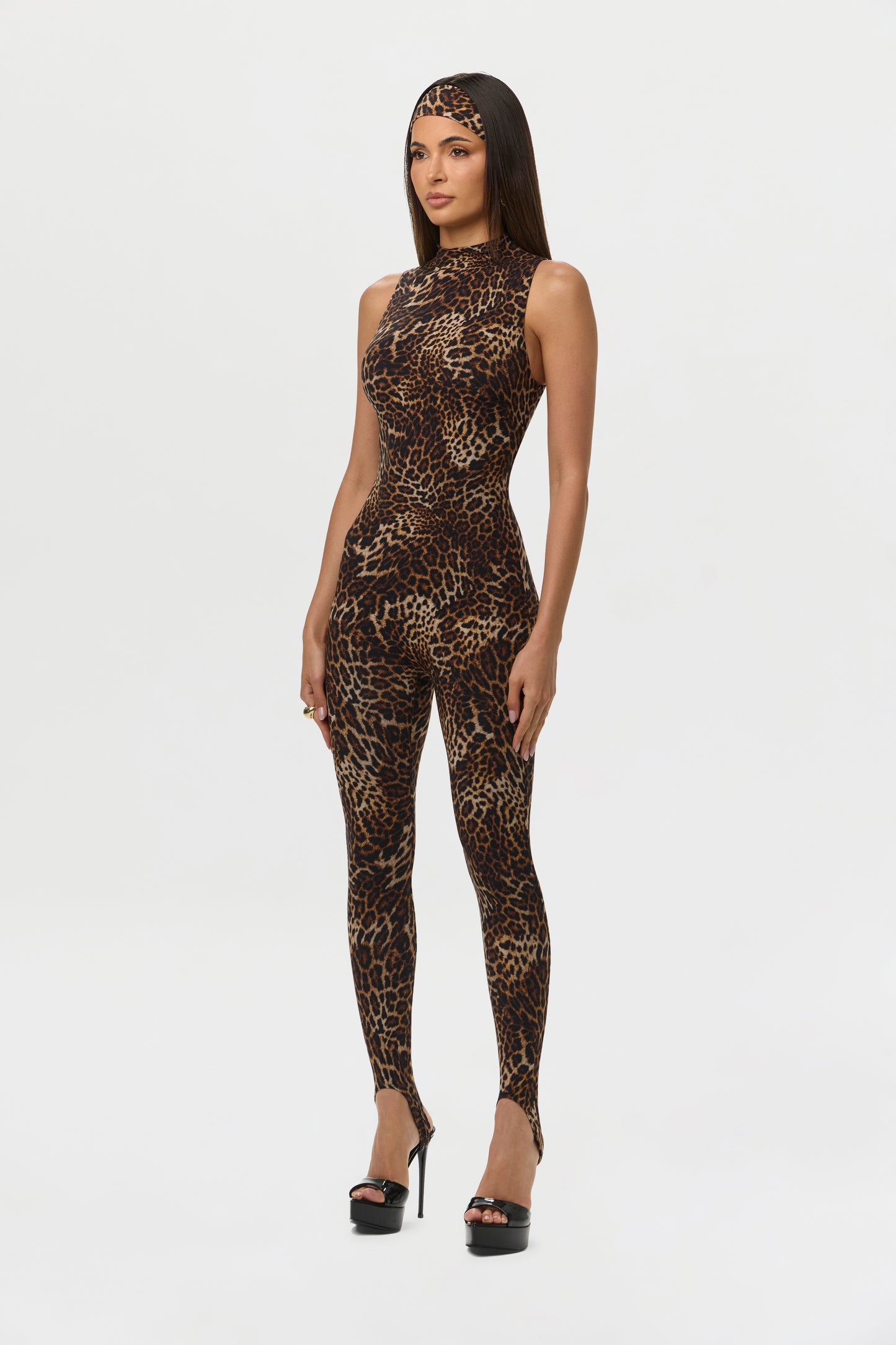 Spotted Leopard Naked Print Sleeveless Stirrup Jumpsuit