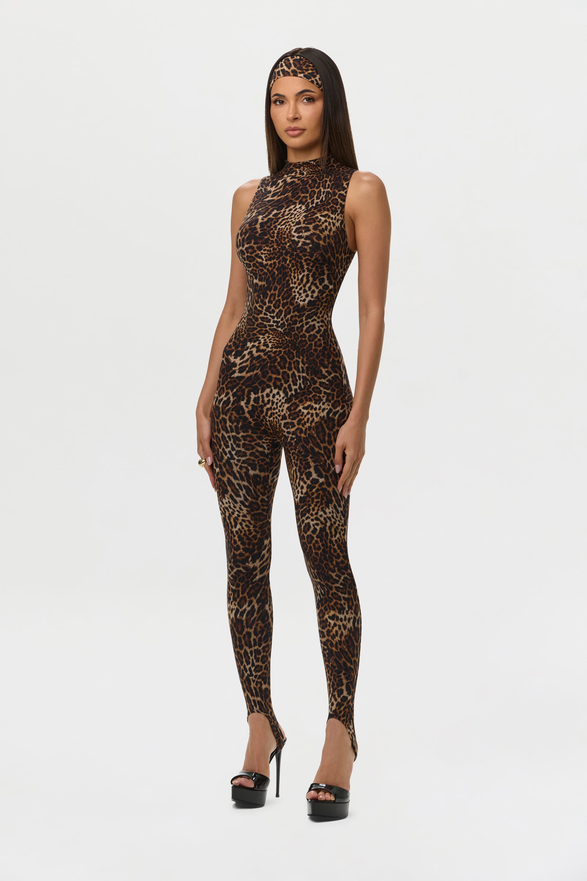 Spotted Leopard Naked Print Sleeveless Stirrup Jumpsuit