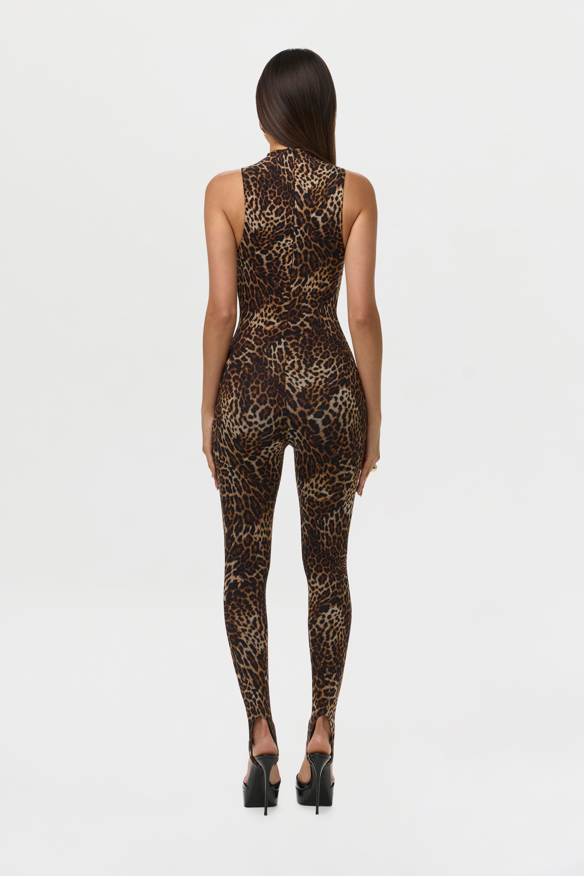 Spotted Leopard Naked Print Sleeveless Stirrup Jumpsuit