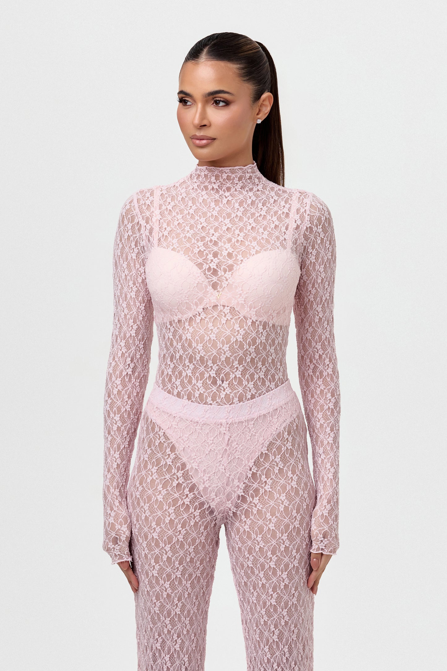 Stretch Lace Turtleneck Bodysuit