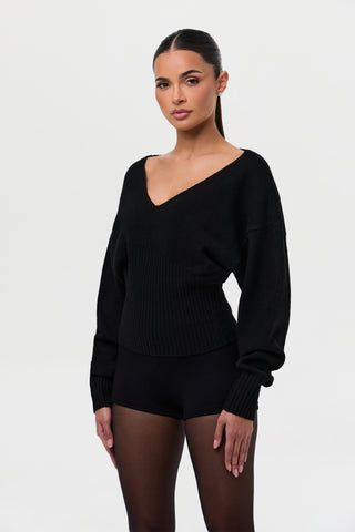 Knit V-Neck Cinched Waist Sweater