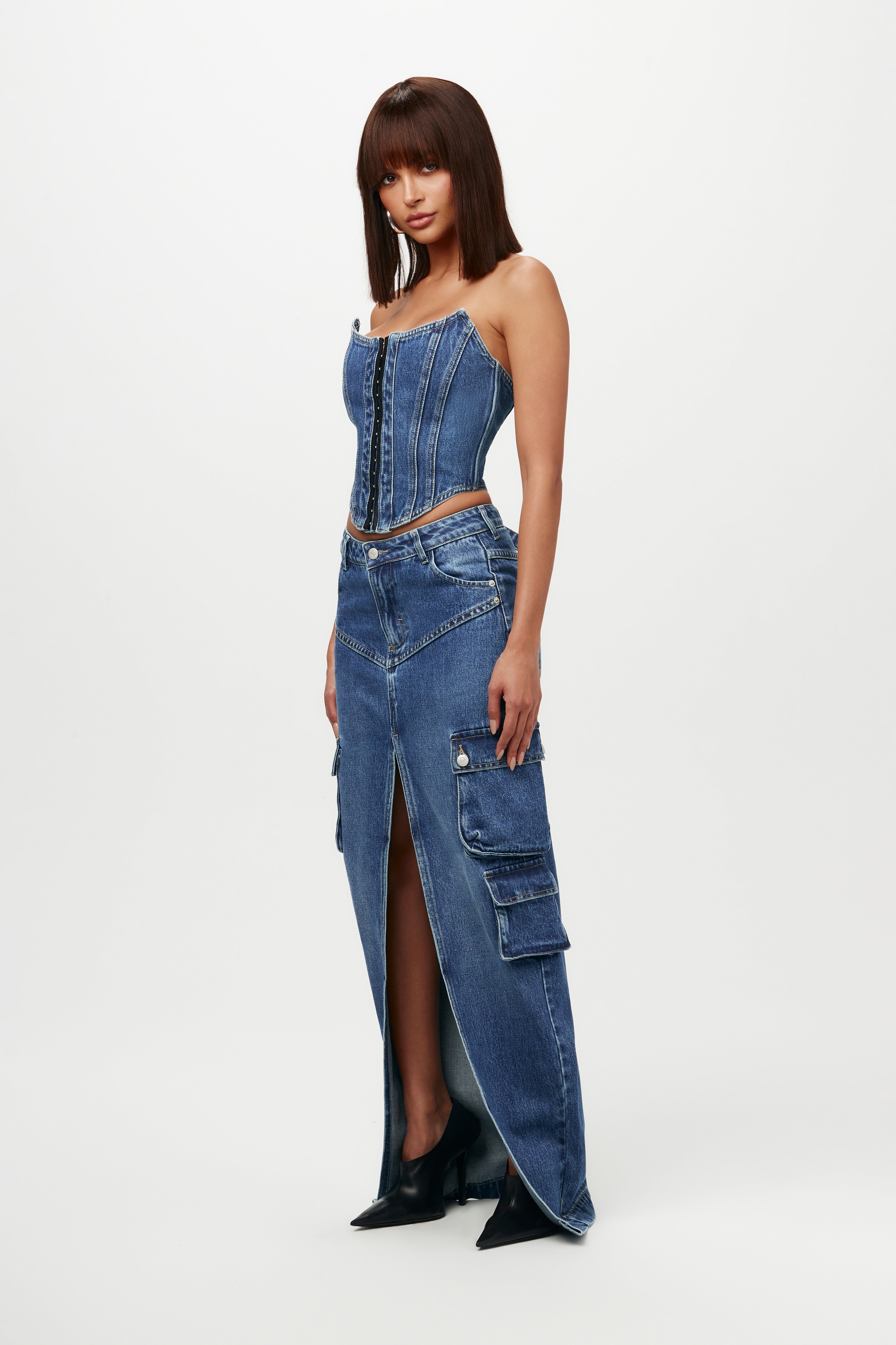 Denim Cargo Maxi Skirt