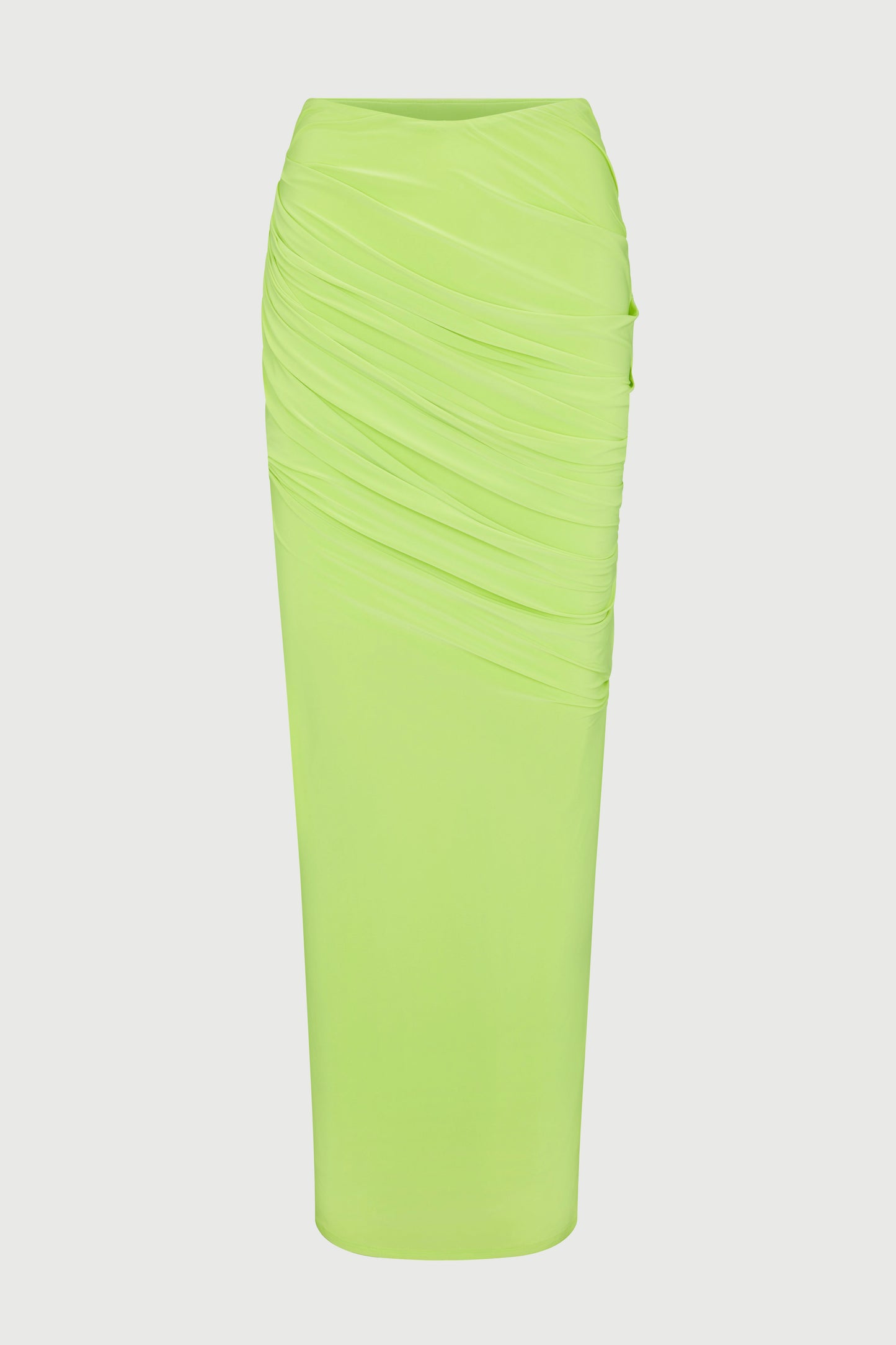 Lime green ruched maxi skirt on white background