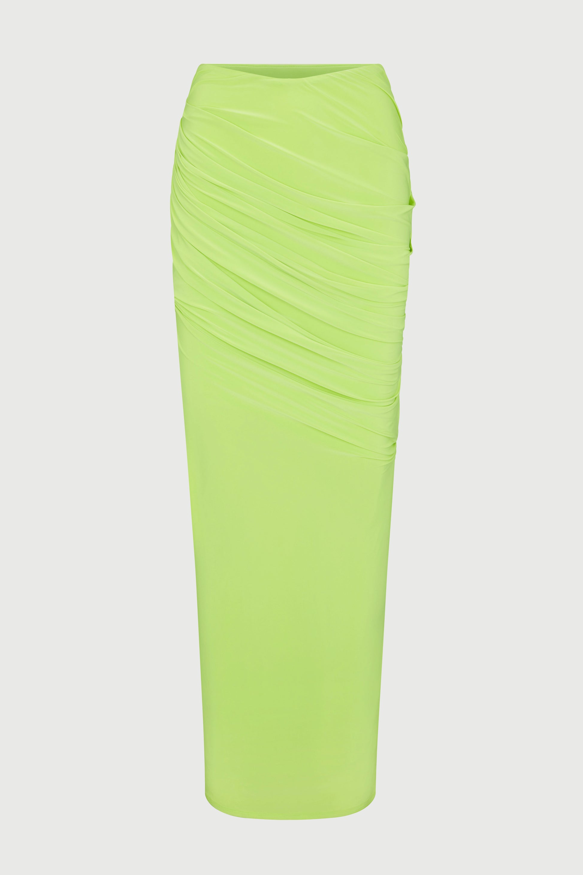 Lime green ruched maxi skirt on white background