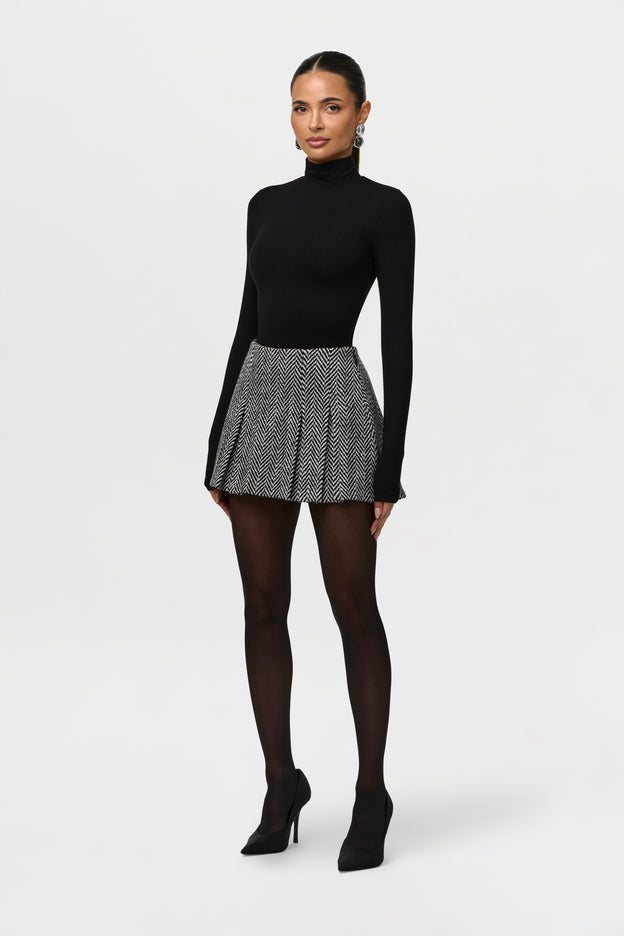 Herringbone Pleated Mini Skirt