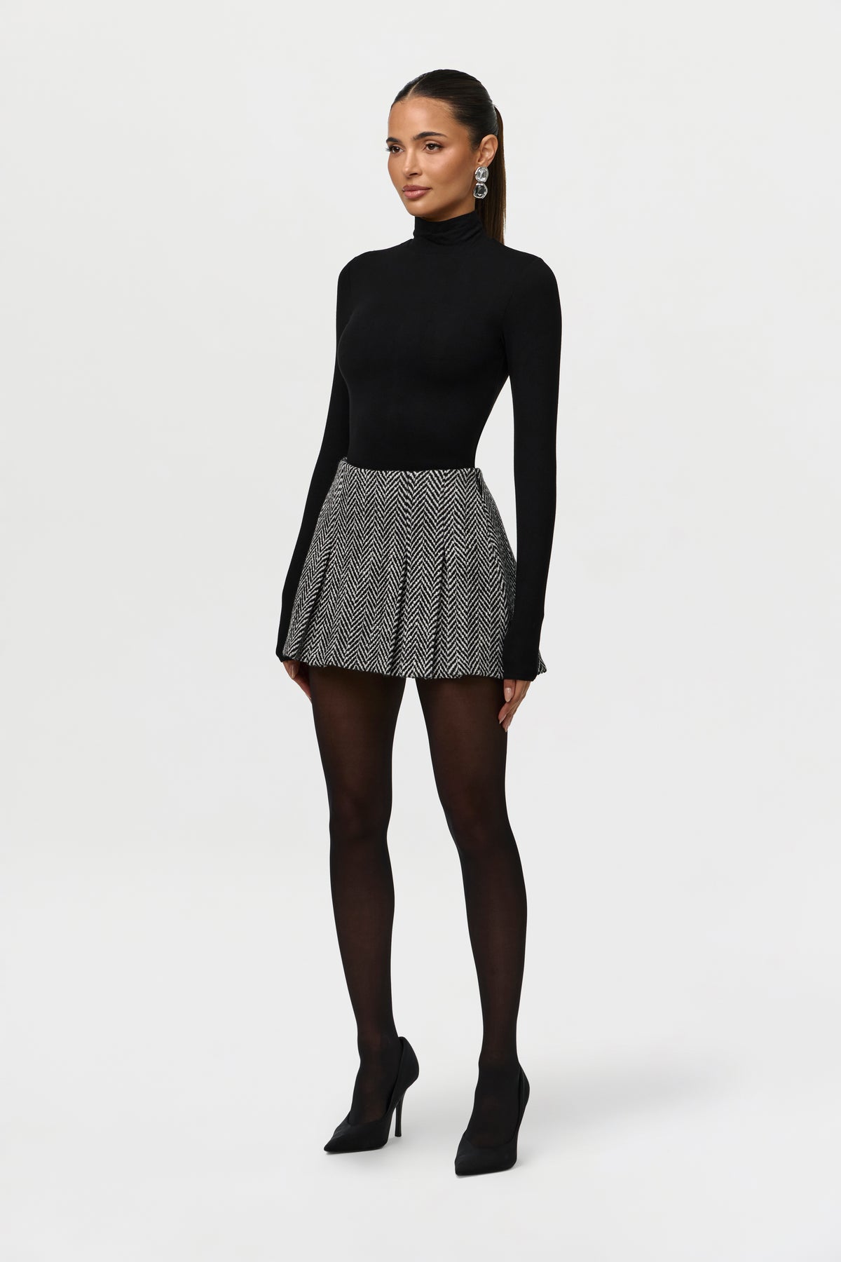 Herringbone Pleated Mini Skirt