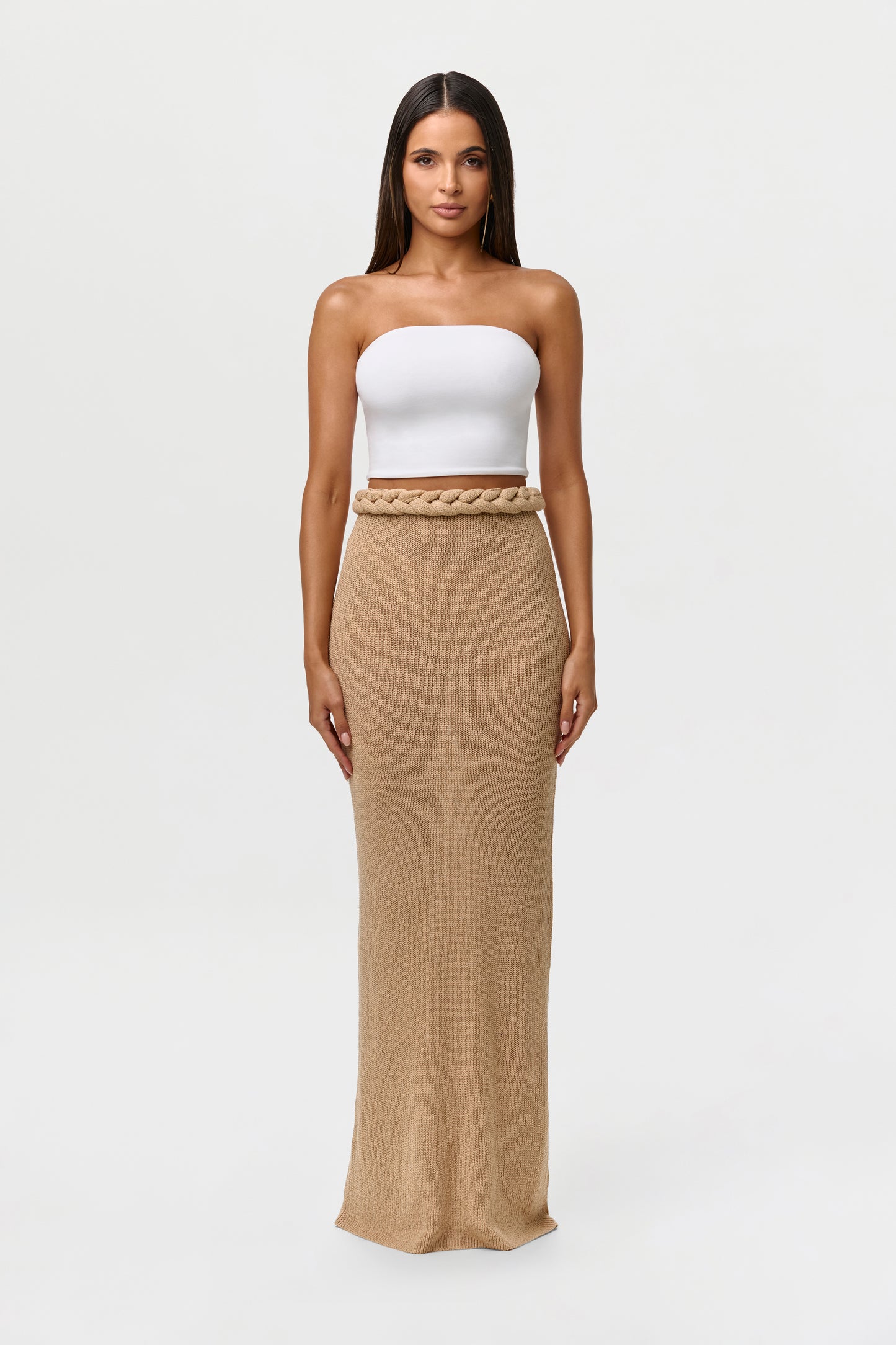 Sand Beige Knit Braid Maxi Skirt