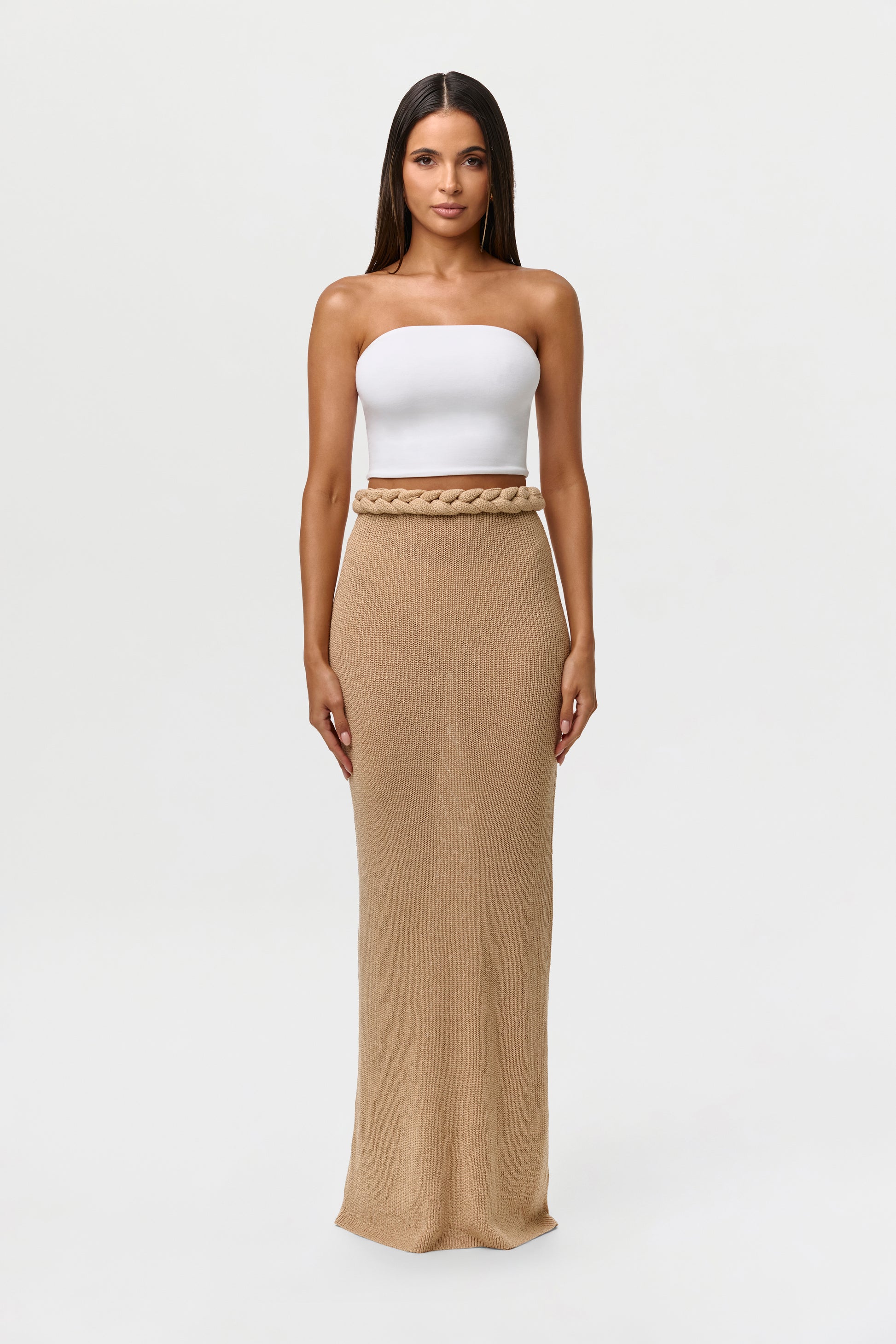 Sand Beige Knit Braid Maxi Skirt