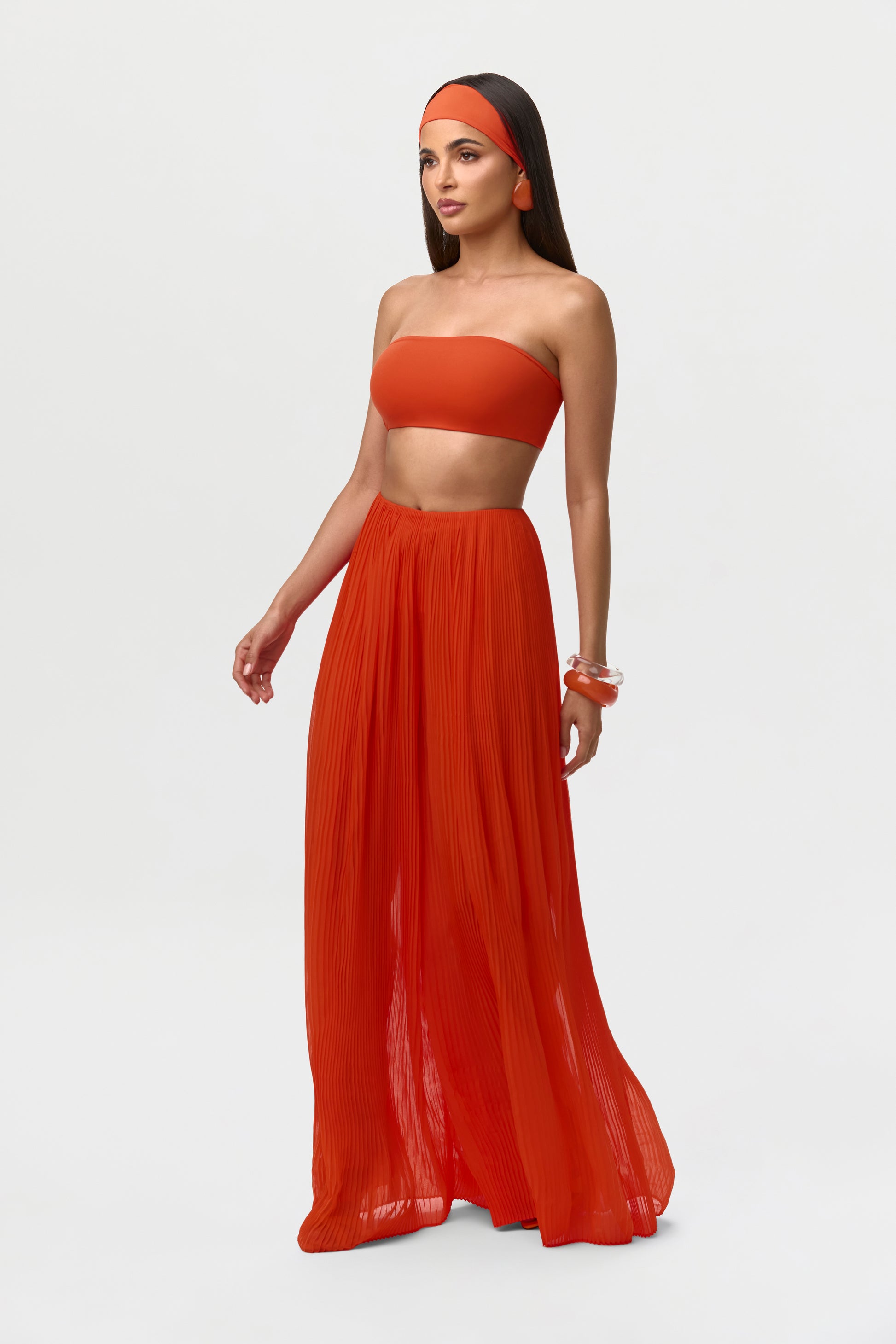Tangerine Chiffon Pleated Wide Leg Pants