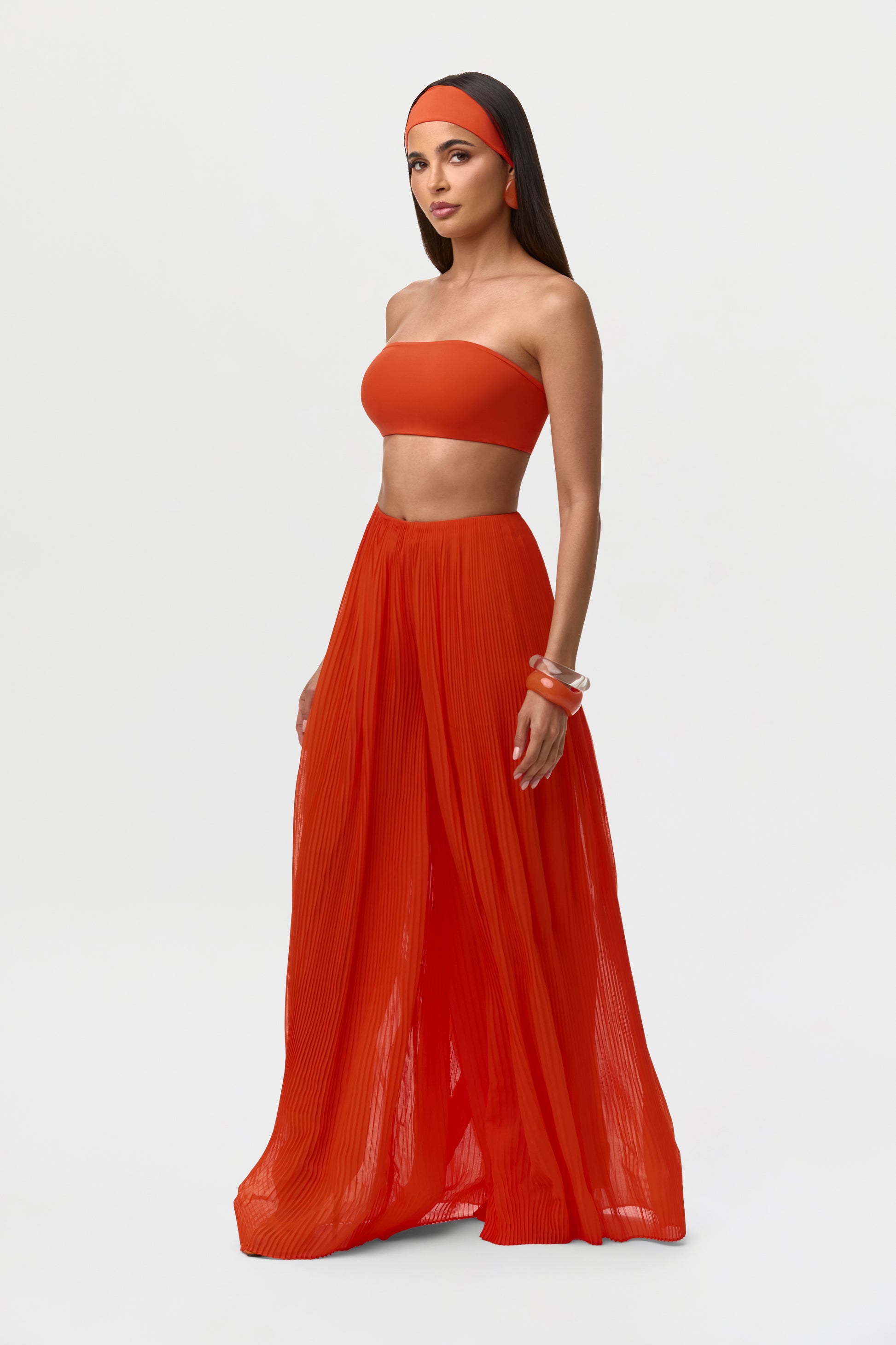 Tangerine Chiffon Pleated Wide Leg Pants