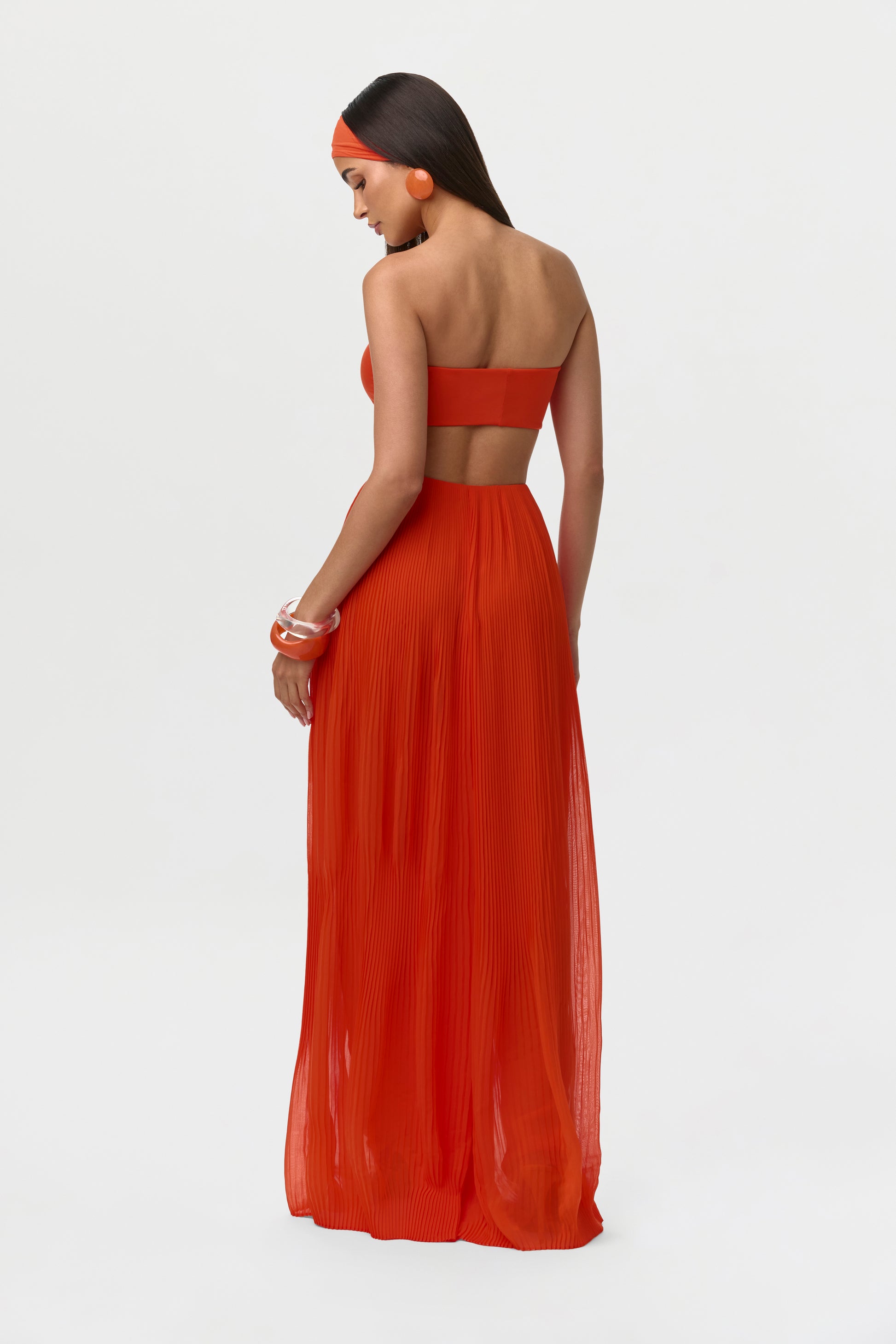 Tangerine Chiffon Pleated Wide Leg Pants