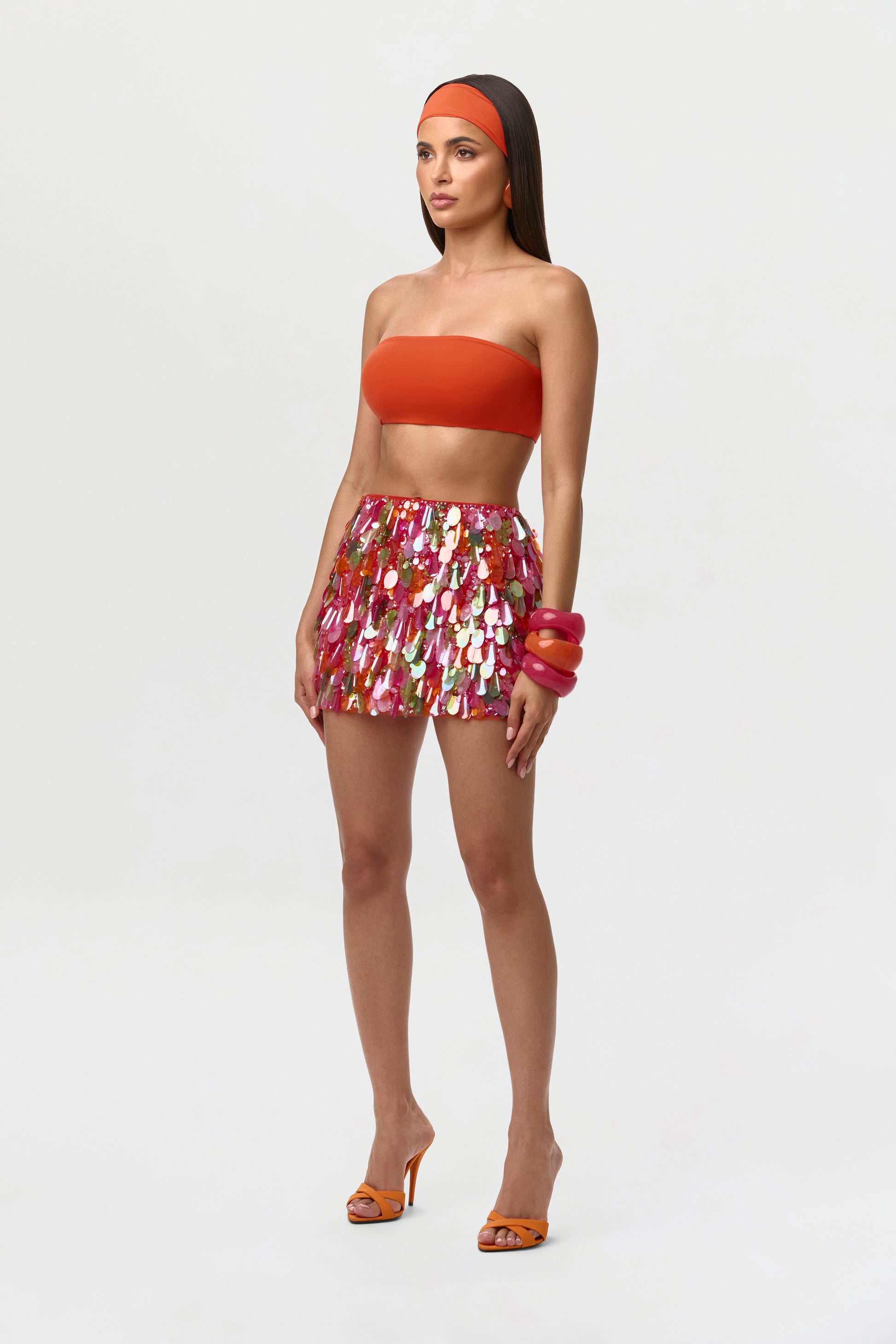 Tangerine Multi Sequin High Waist Mini Skirt