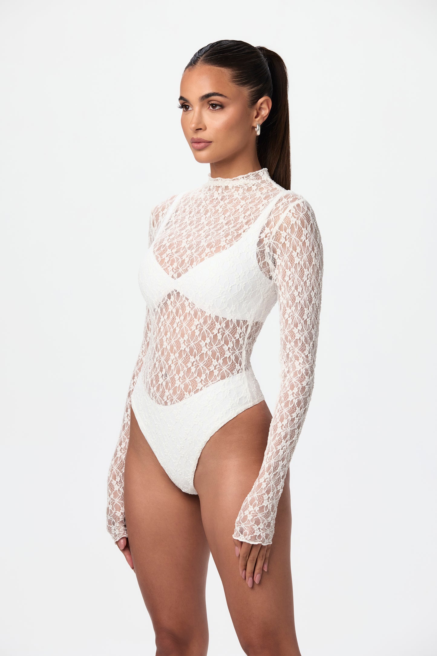 Stretch Lace Turtleneck Bodysuit