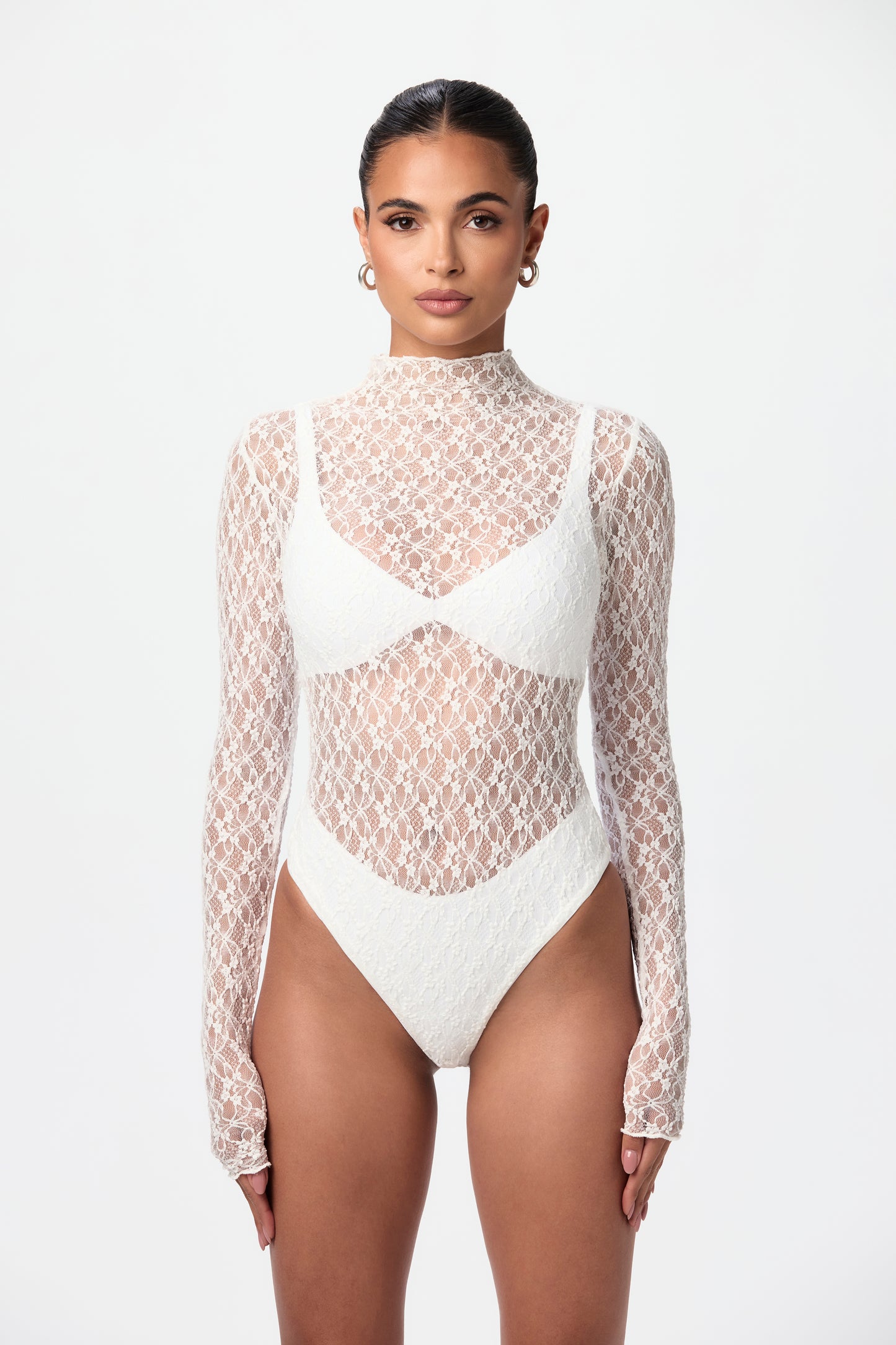 Stretch Lace Turtleneck Bodysuit