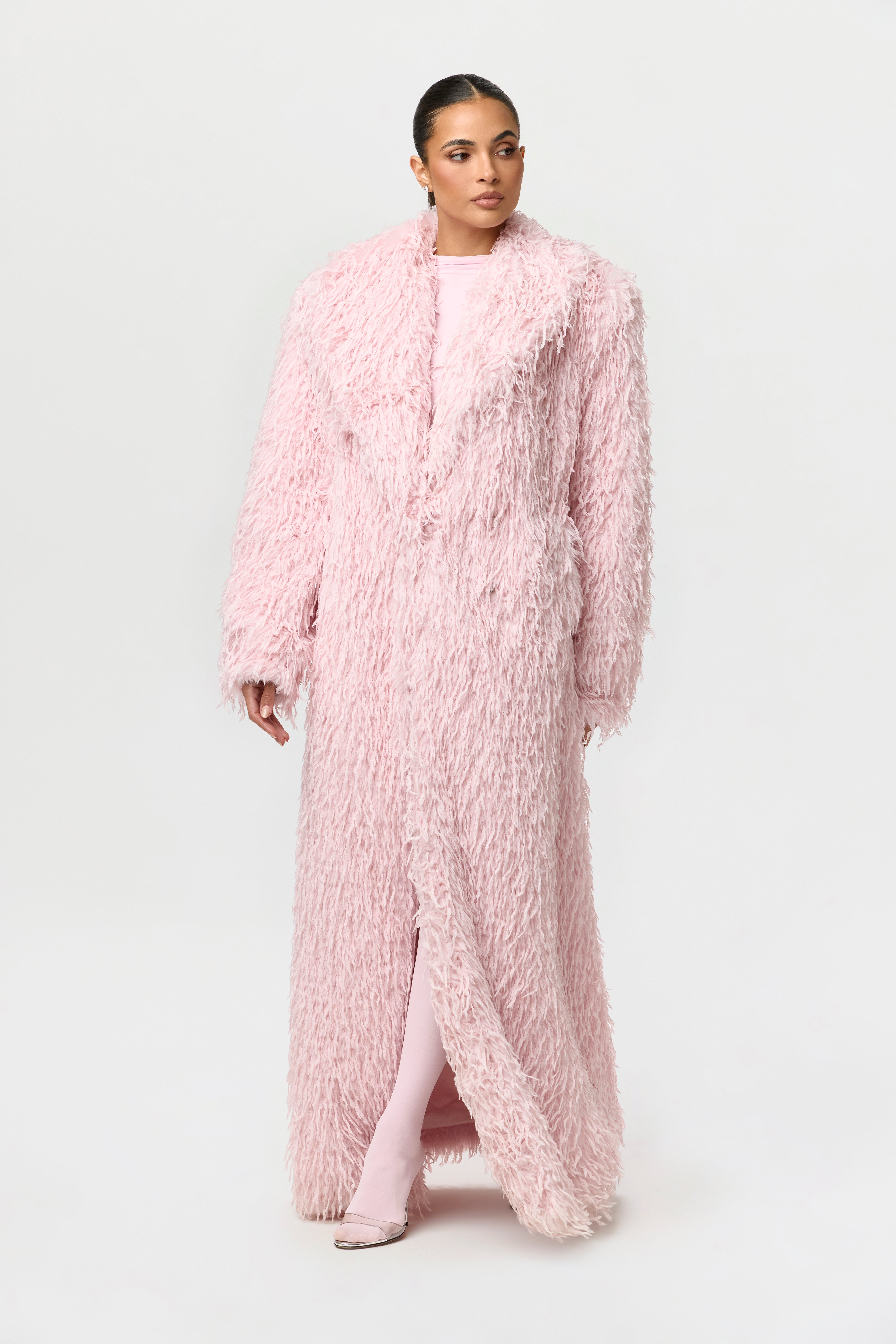 deres デレスswitch neck feather long coat Faux Feather Long Coat – Naked Wardrobe