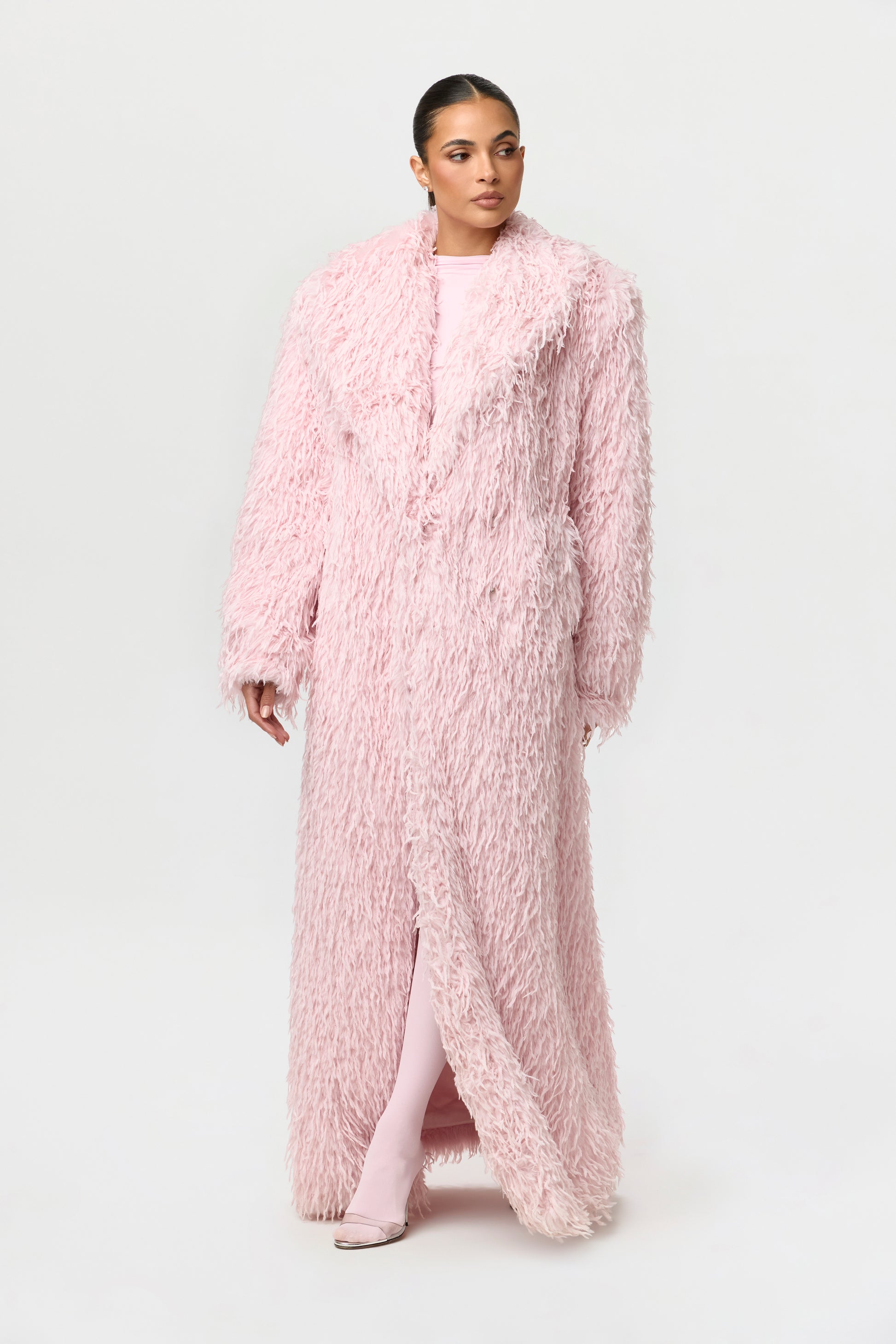 Women's Coat Long Faux Feather Dual Pockets Polyester by Naked Wardrobe, Baby Pink / M Women's Coat Long Faux Feather Dual Pockets Polyester by Naked Wardrobe, Baby Pink / M