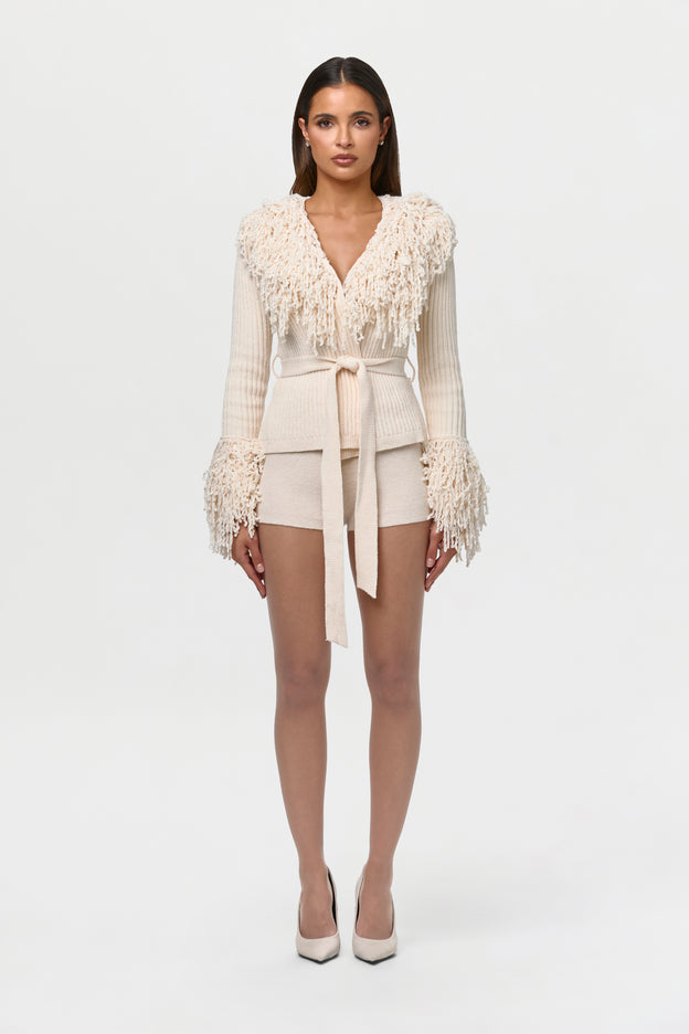 Knit Fringe V-Neck Cardigan