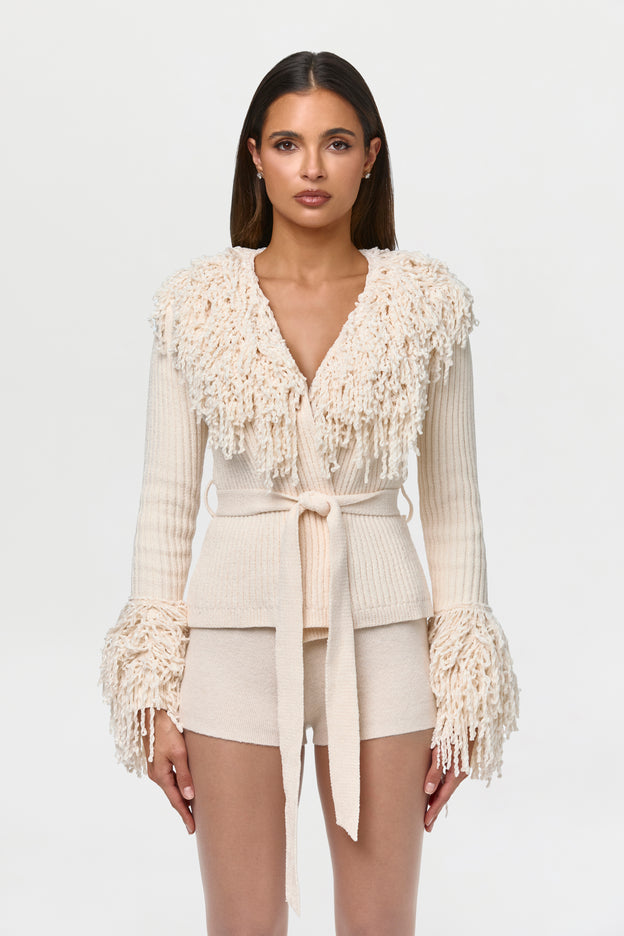 Knit Fringe V-Neck Cardigan