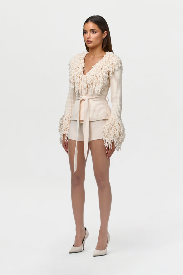 Knit Fringe V-Neck Cardigan