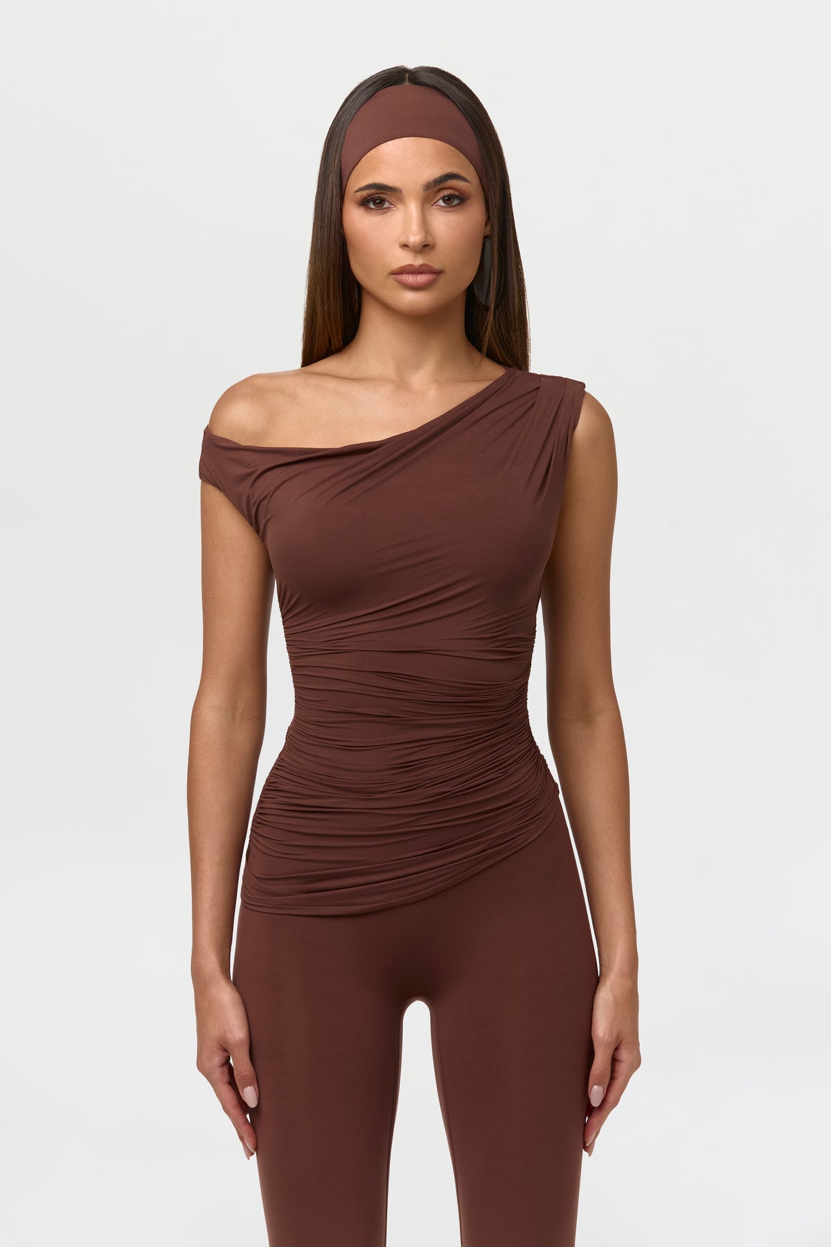 Chocolate Naked Ruched Off Shoulder Top
