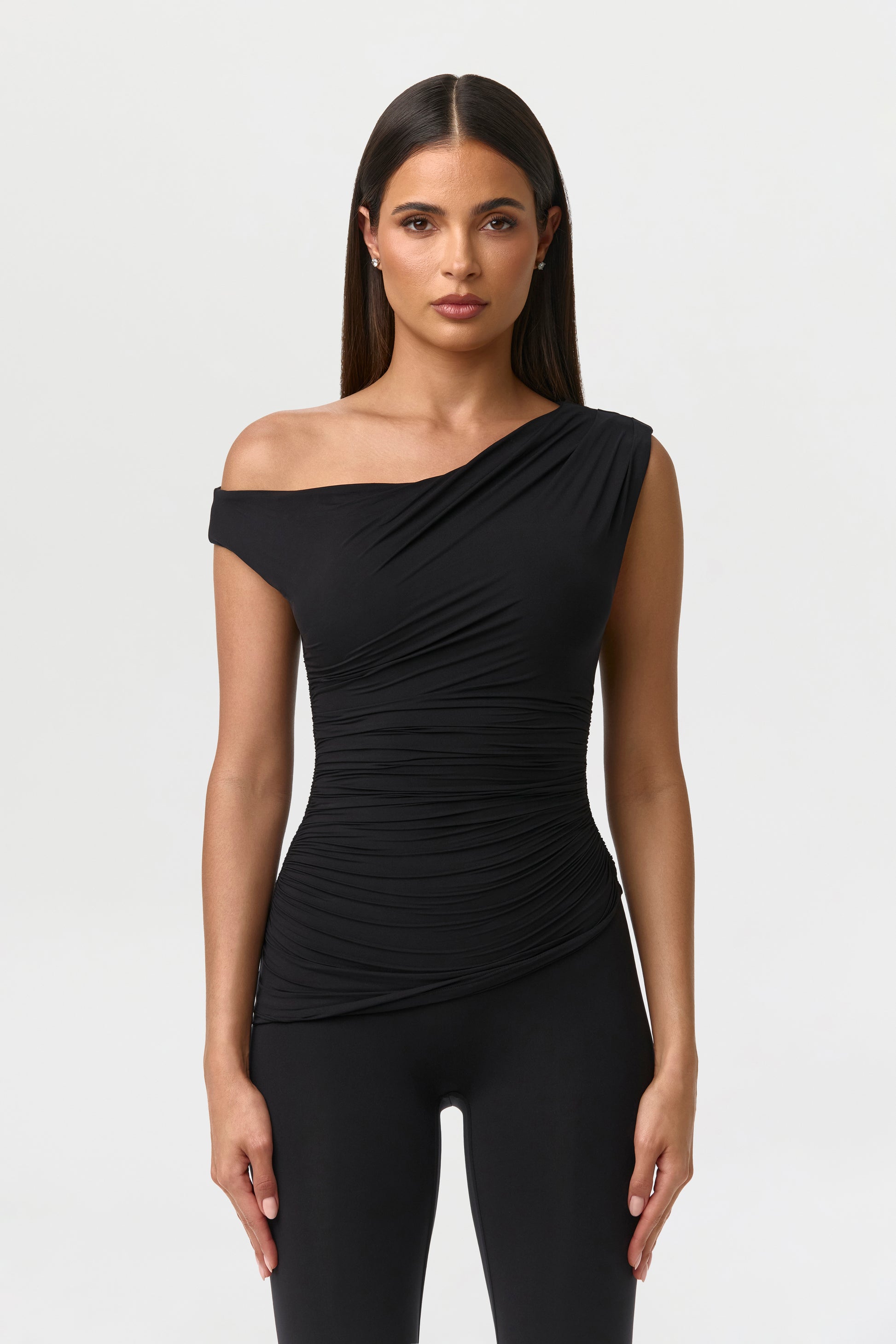 Black Naked Ruched Off Shoulder Top
