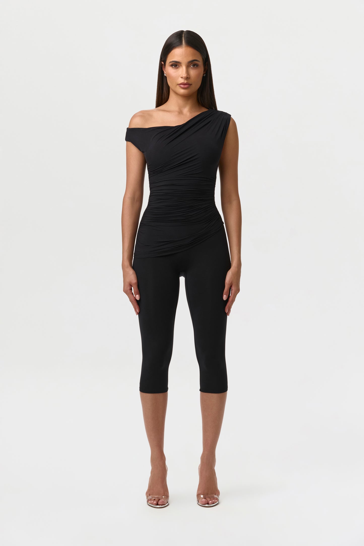 Black Naked Ruched Off Shoulder Top