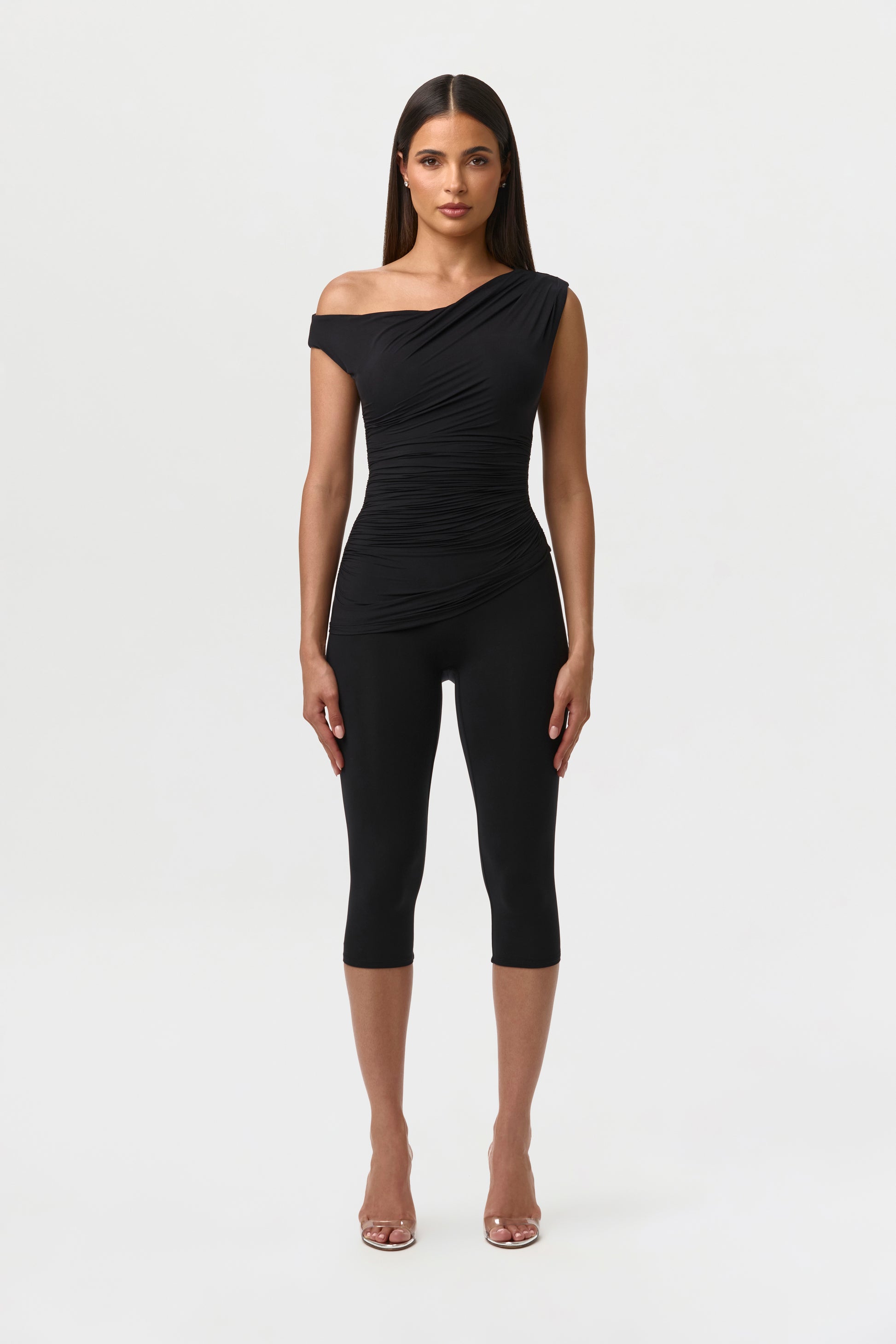 Black Naked Ruched Off Shoulder Top