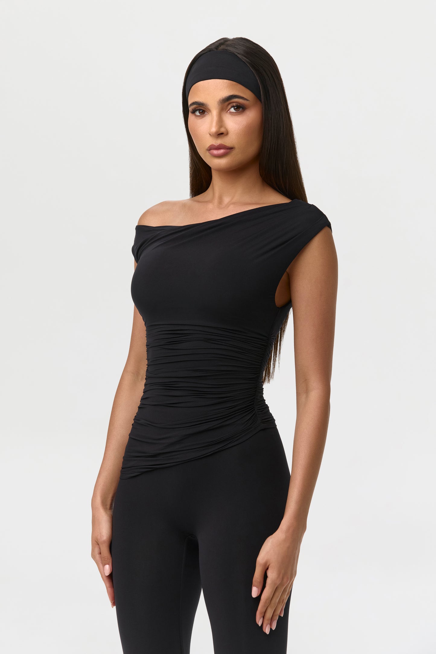 Black Naked Ruched Off Shoulder Top