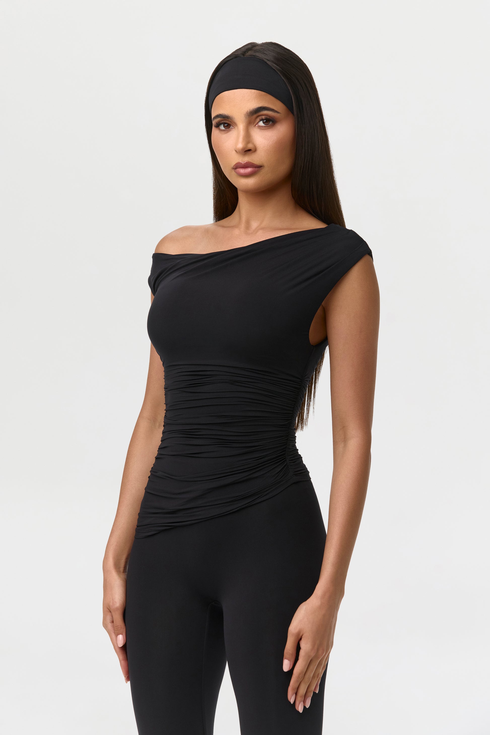 Black Naked Ruched Off Shoulder Top